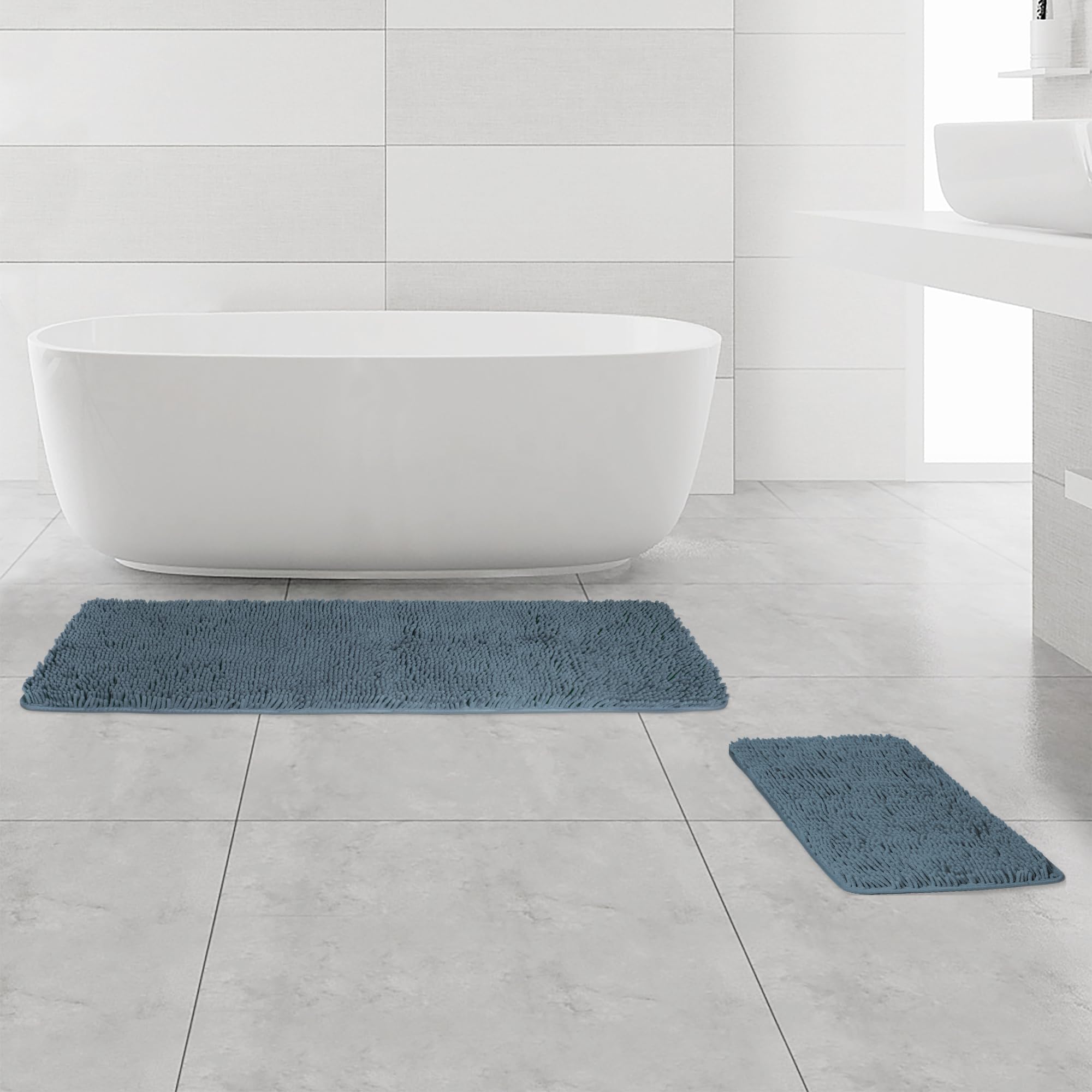 Yeaban Blue Bathroom Rugs Sets 2 Piece - Thick Chenille Bath Mats | Absorbent And Washable Bath Rug Non-Slip, Plush And Soft Rug