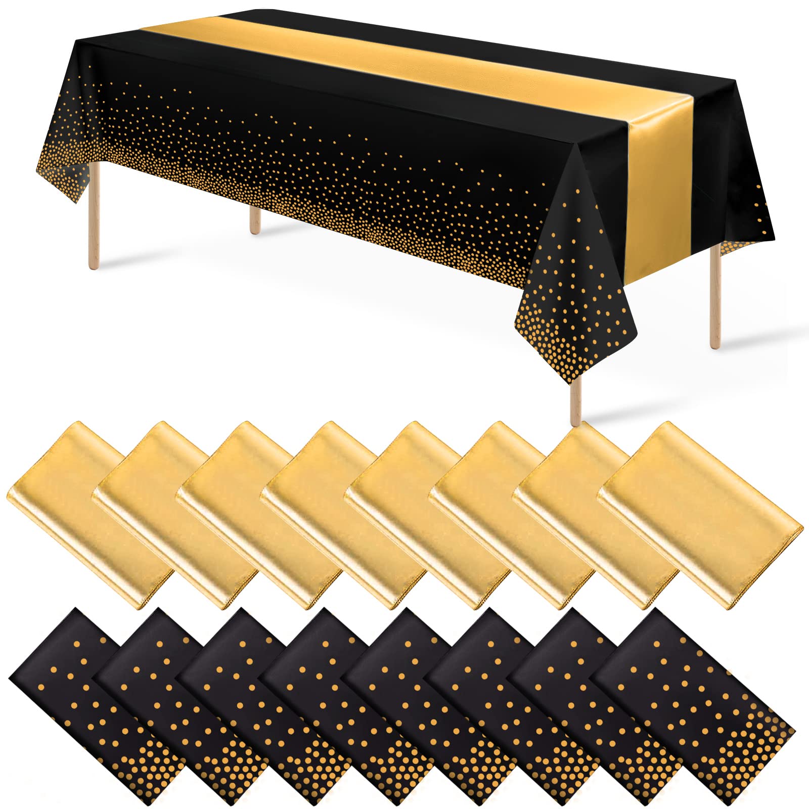 16Pack Disposable Plastic Tablecloths And Satin Table Runner Set Black Gold Dot Table Cloth Gold For Graduation Wedding Birthday