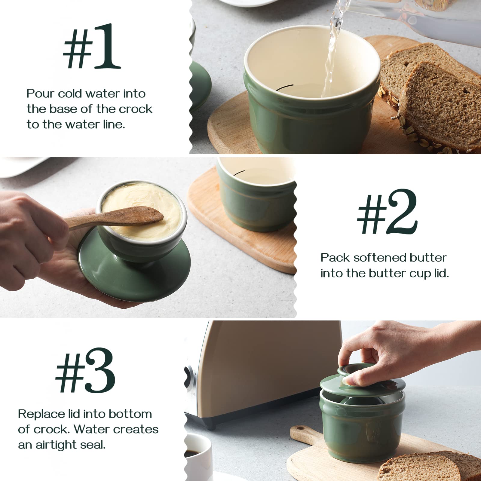 DOWAN Porcelain Butter Crock  Butter Keeper with Water Line  French Butter Dish for Soft Fresh Butter  Butter Container with Lid  No More Hard Butter  Green