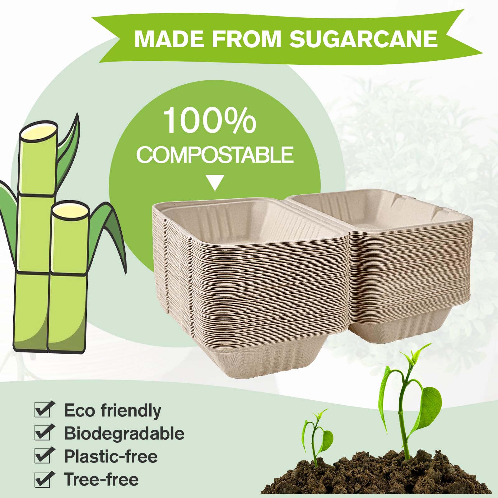 ECOLipak 75 Pack Clamshell Take Out Food Containers  100% Compostable To Go Containers Disposable  9X6 Heavy-Duty To Go Boxes  Eco-Friendly Biodegradable To Go Containers For Food