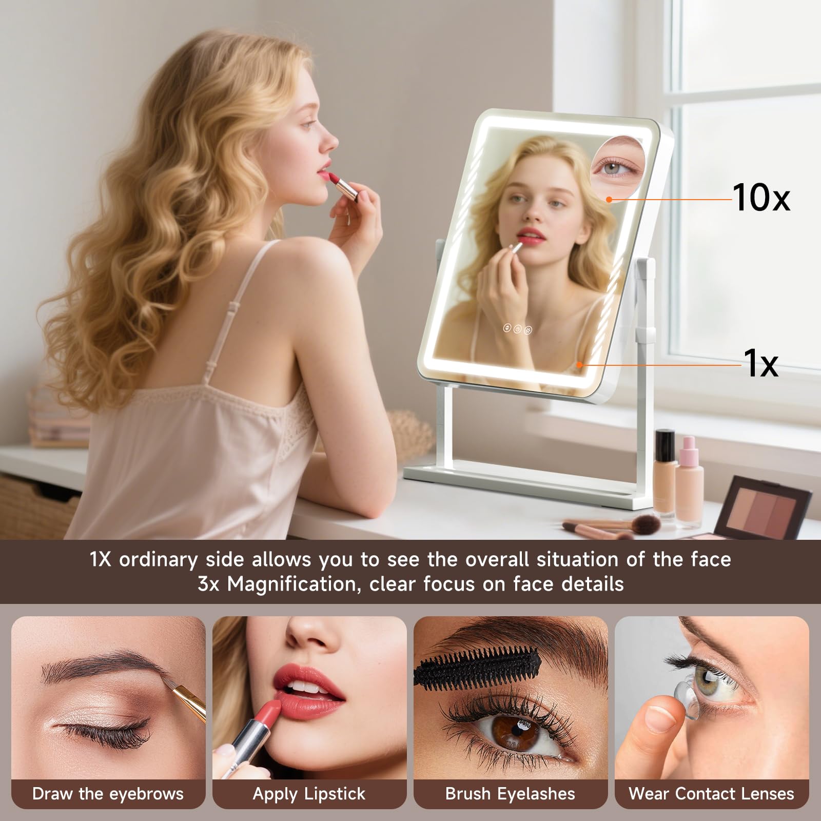 Kcavvi Vanity Mirror with Lights, Height-Adjustable & 360 Rotation, 1/10X Magnification, Three Color Lighting Modes, Makeup Mirr