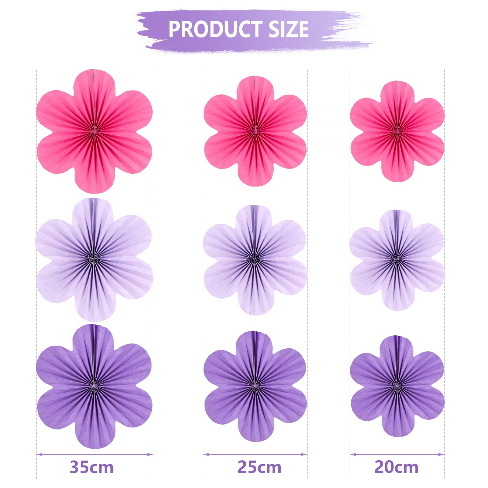 SUNBEAUTY Flower Party Decorations Paper Fans Classroom Decoration Paper Floral Backdrop Decor Paper Fans Decoration Hanging Paper Fans Purple Flower Wall Decor Set of 9 (US1-ZM-202303284)