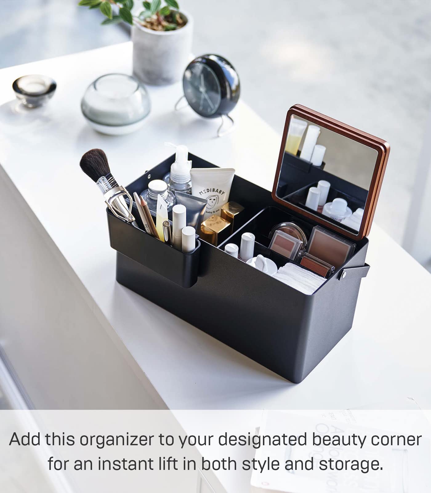 YAMAZAKI Home Tower Large Makeup Organizer Cosmetic Caddy with Handle Vanity Storage Drawer with Lid - Steel + Wood -  Black