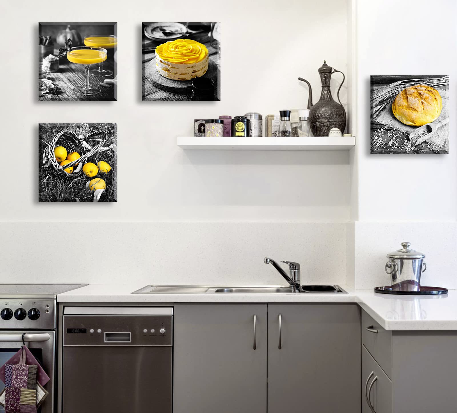 DJSYLIFE Kitchen Wall Decor Black and White Yellow Wall Art Bread Cake Fruit Picture Canvas Print Paintings for Cafe Dining Room Restaurant Farmhouse Kitchen Decoration 12'' Wx12 Hx4