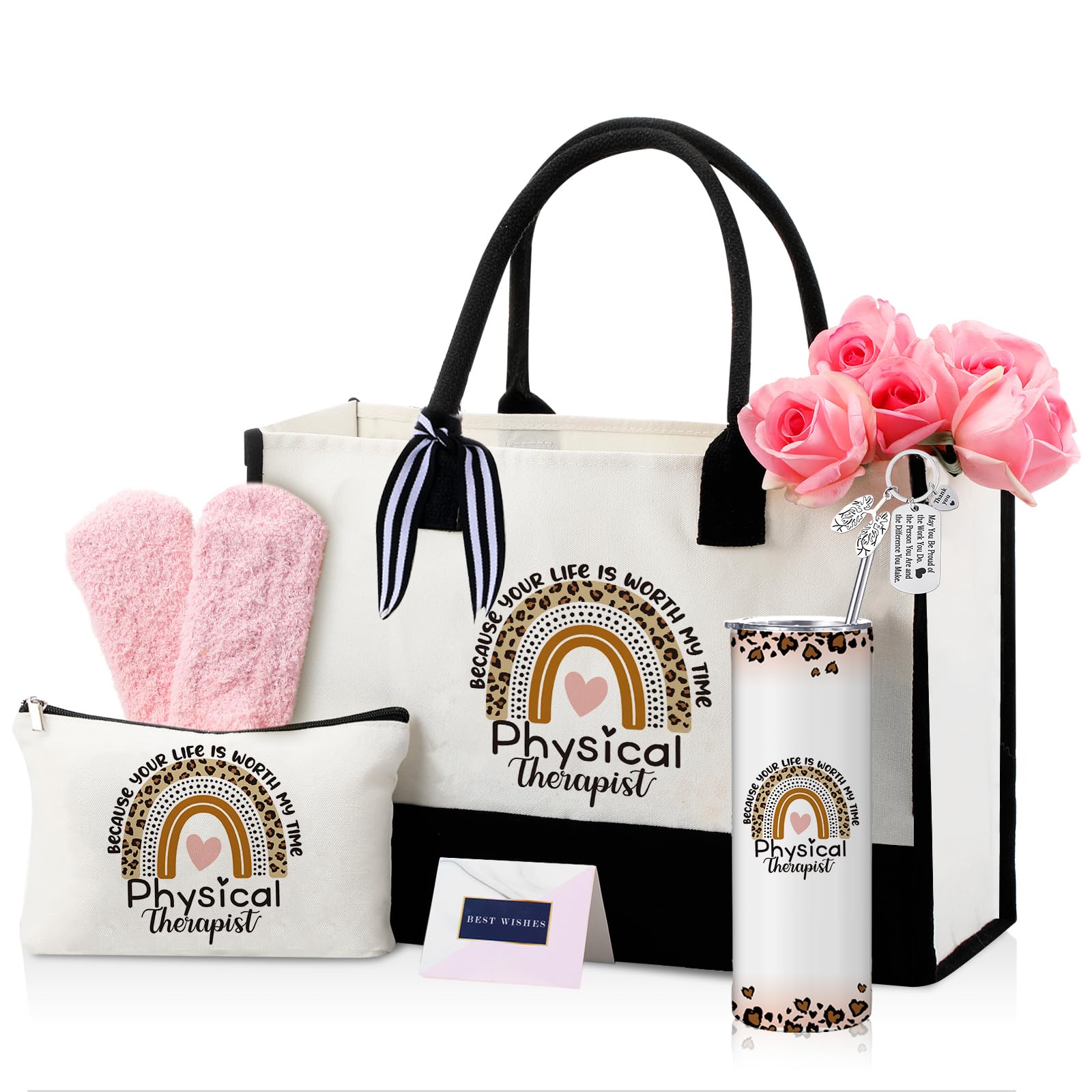 Geiserailie 8 Pcs Physical Therapist Appreciation Gifts for Women Including Large Tote Bag Cosmetic Bags Tumbler Cup Plush Socks