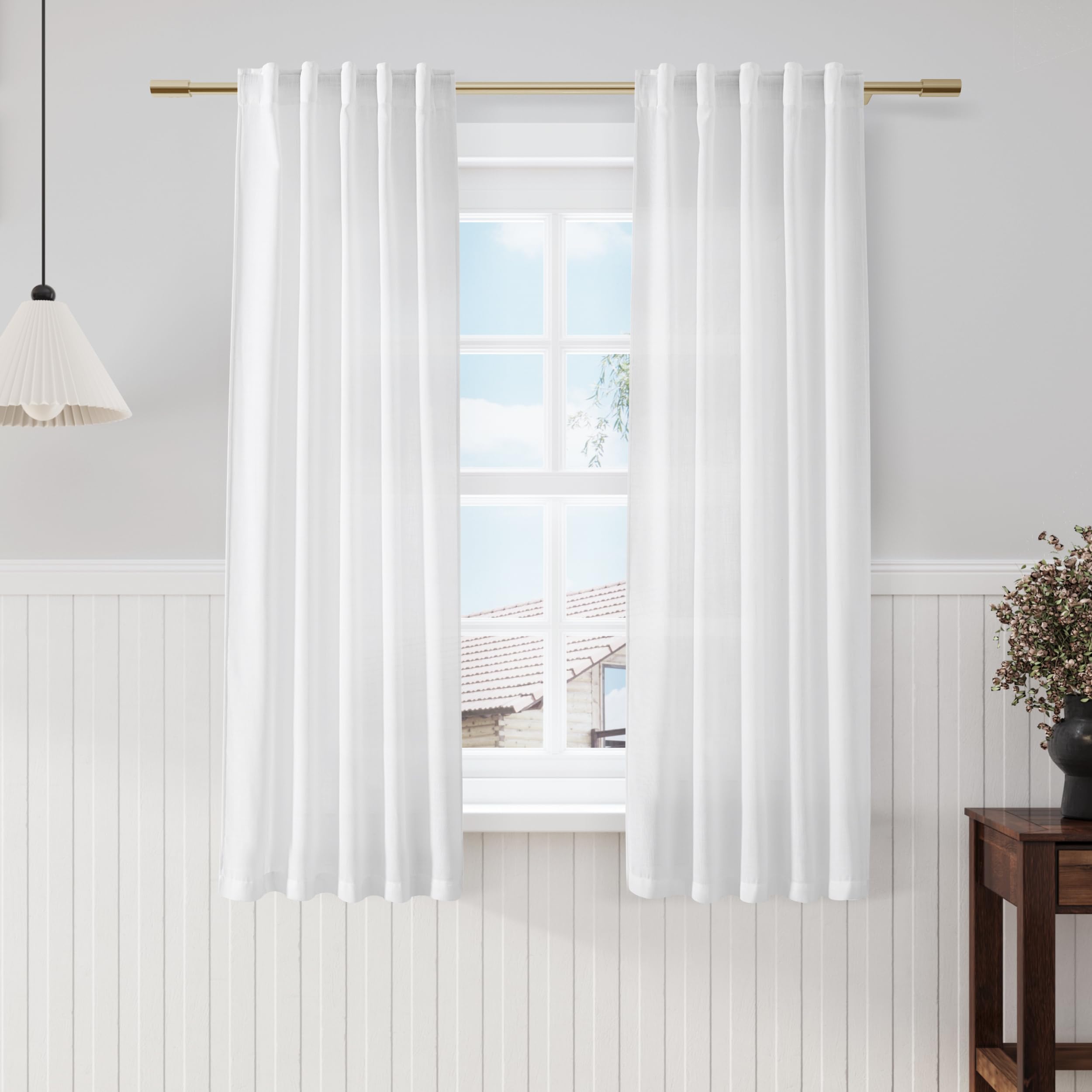 Nanspring White Short Linen Curtains 60 inches Long 2 Panels Set Back Tab Rod Pocket Elegant Farmhouse Style Light Airy Semi She