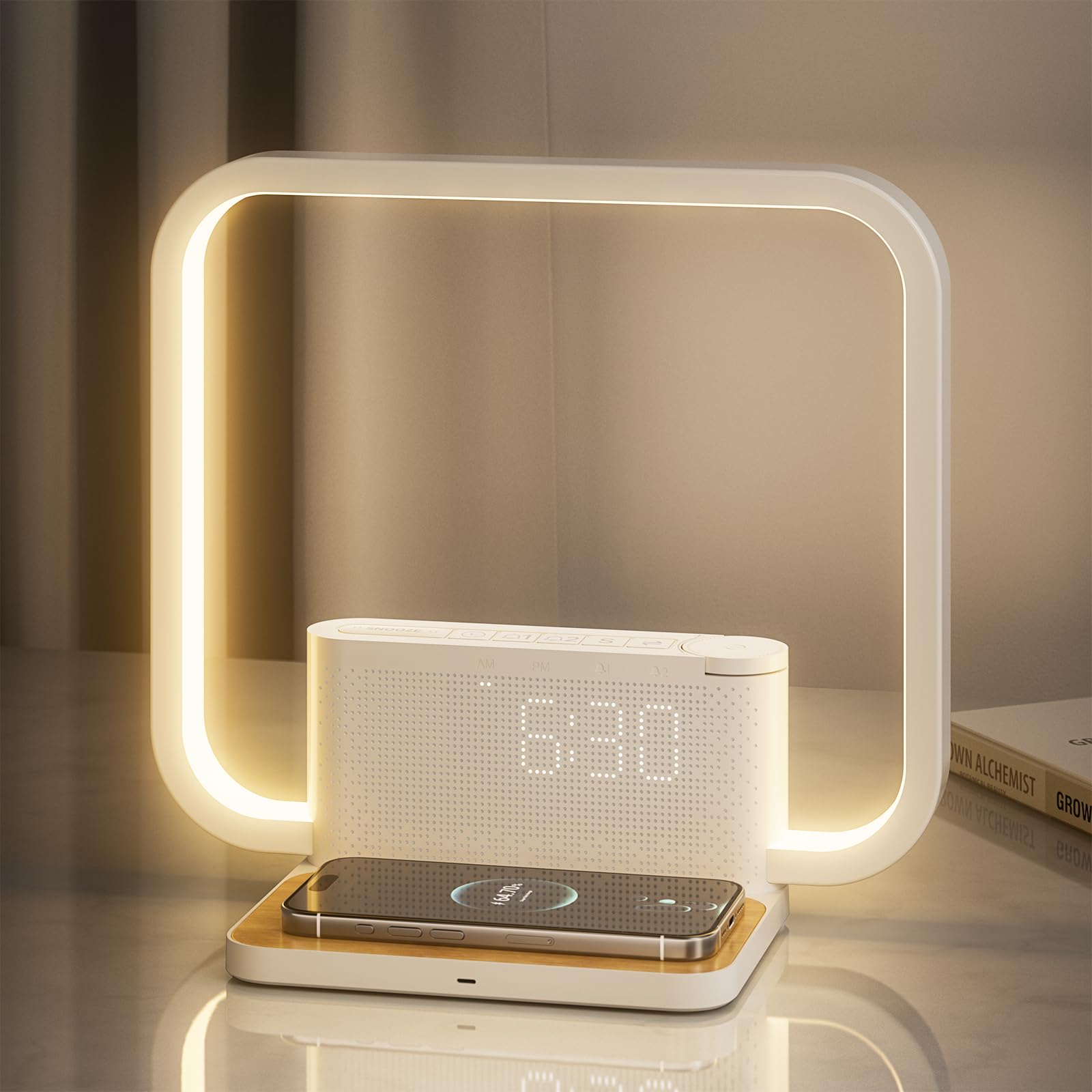 RETEYUNG Bedside Lamps,Sunrise Dual Alarm Clock for Heavy Sleepers,Table Lamp with Fast Wireless Charger Station for iPhone/Sams