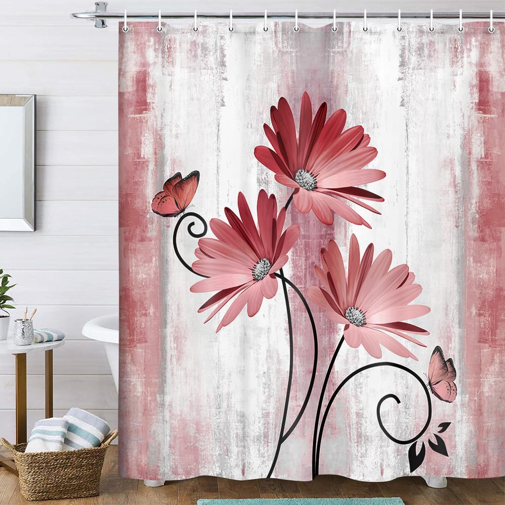 Veivian Rustic Farmhouse Shower Curtain, Farm Red Daisy Floral Flowers And Butterfly On Country Wooden Shower Curtain For Bathro