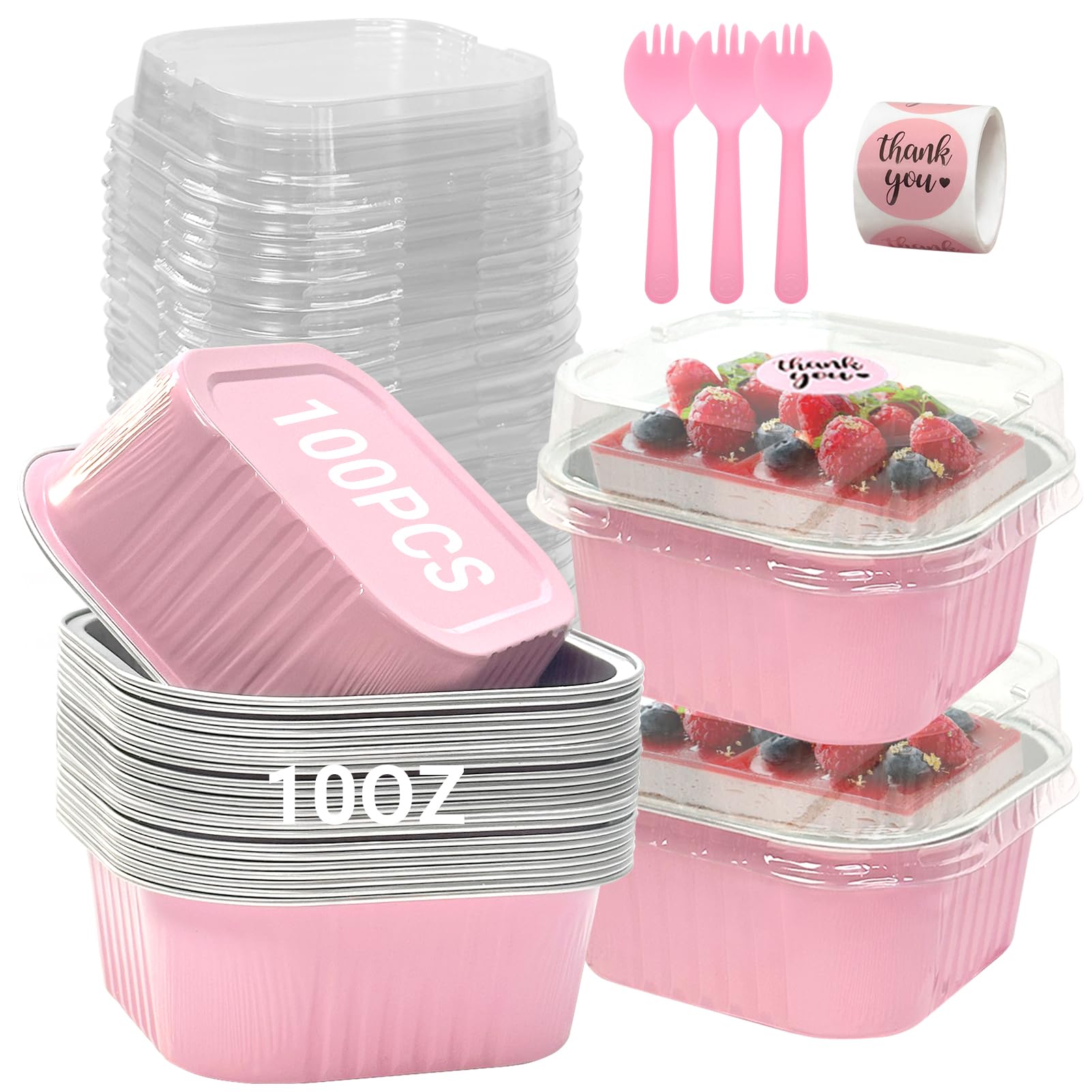 ylnurac 100 Pack 10oz Mini Cake Pans With Lids, Aluminum Foil Square Brownie Baking Cups,Disposable 4x4 Large Cupcake Pan,