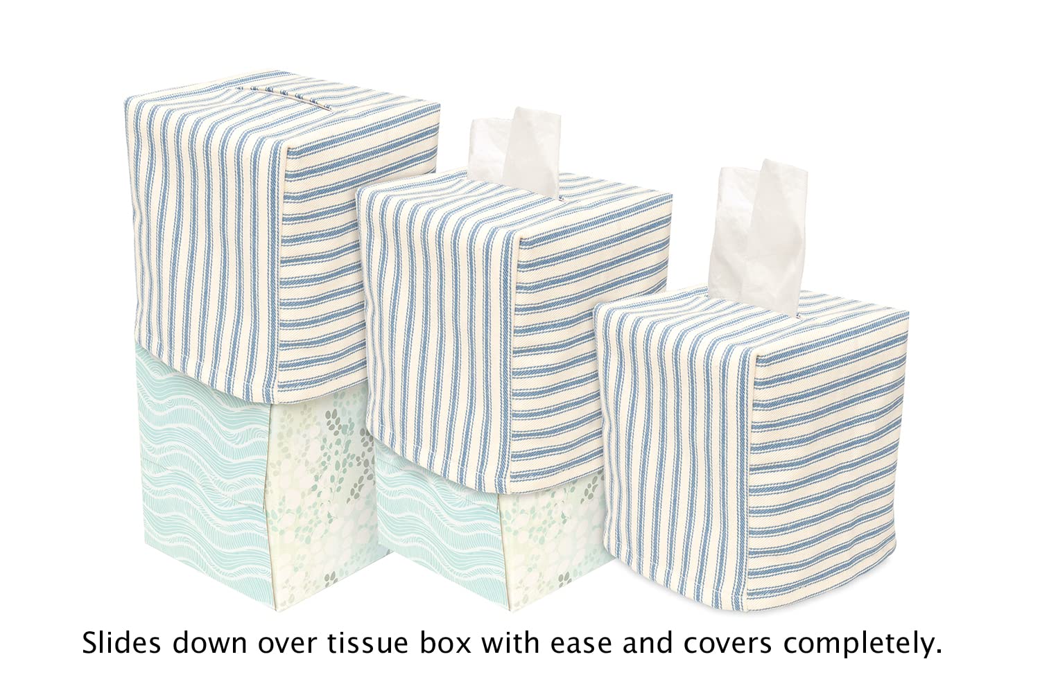 Decorative Things Fabric Tissue Box Cover - Blue Ticking Stripe, 5.25x4.5x4.5, Square Holder for Bathroom Decor, Model TB-TICK-BLU