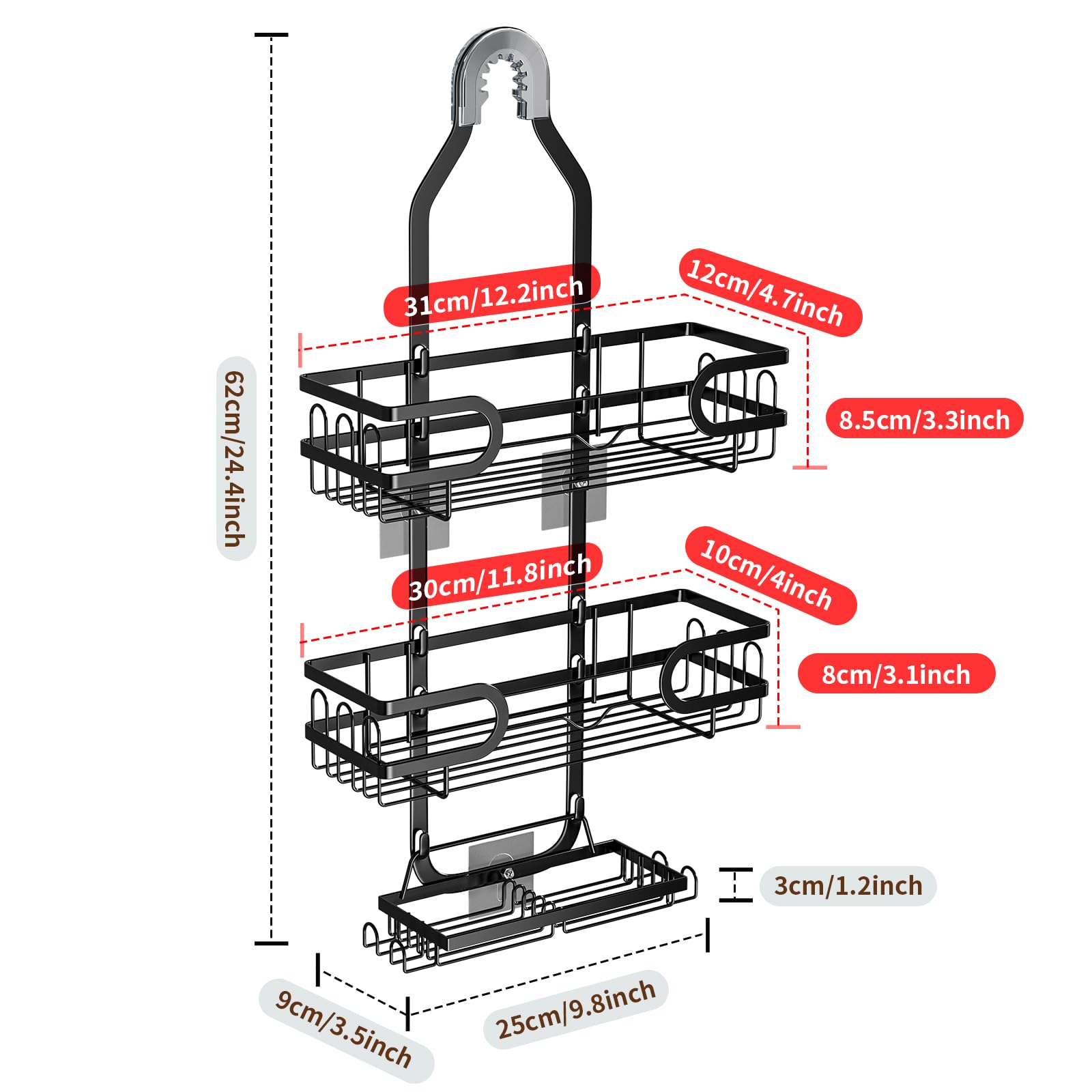 Gaokase Shower Caddy Over Shower Head Hanging, Shower Caddy With Removable Baskets, Bathroom Shower Organizer 3 Tier, Rustproof