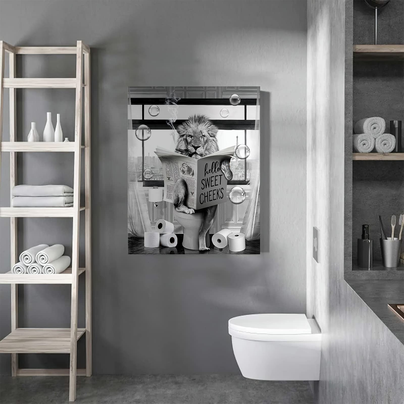 Funny Lion Wall Art Black And White Lion Bathroom Print Farmhouse Bathroom Animals Wall Decor Lion Sitting In Toilet Reading New