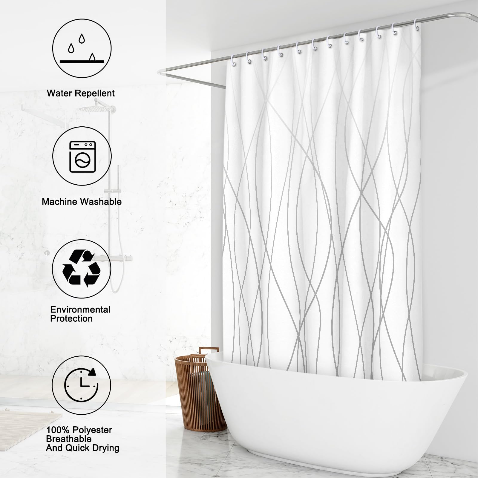 Punkray Ombre Grey Shower Curtain for Bathroom with Hooks Shower Curtain Set Stripe Bath Curtains Decorative White Shower Curtains Water Repellent Washable  72x72