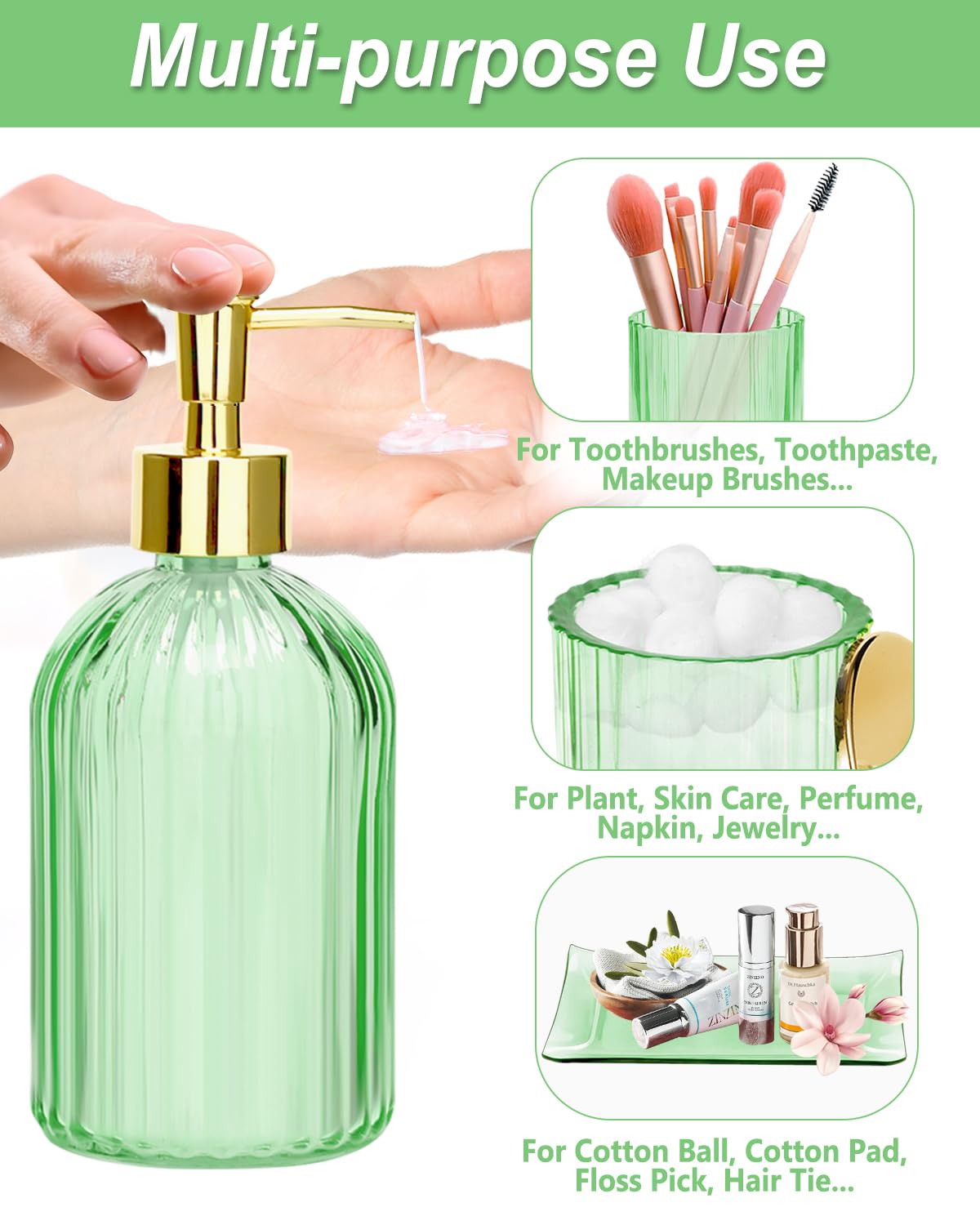 Jenseits Green Bathroom Accessories Set, 4 Pcs Glass Bathroom Accessory Sets, Soap Dispenser, Toothbrush Holder, Qtip Holder, Va