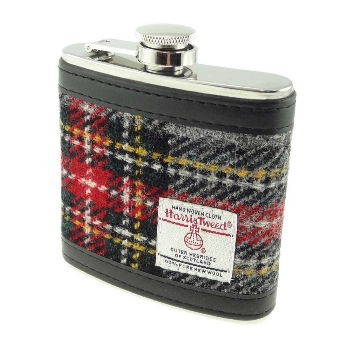 Glen Appin of Scotland 6oz Harris Tweed Hipflask  Grey & Red Tartan