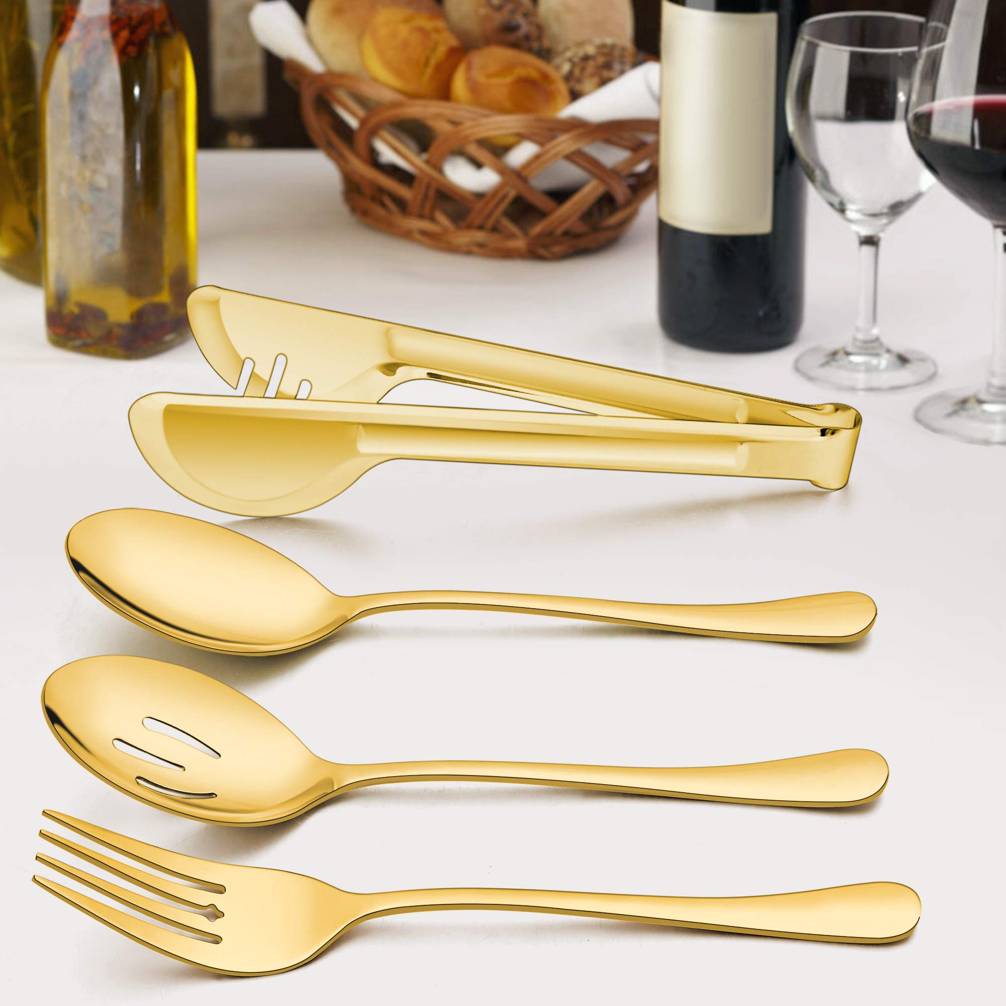 Lianyu 3 Large Gold Serving Spoons, 3 Gold Slotted Serving Spoons, 3 Gold Serving Forks, 3 Gold Serving Tongs, 9.8 Inch Stainles
