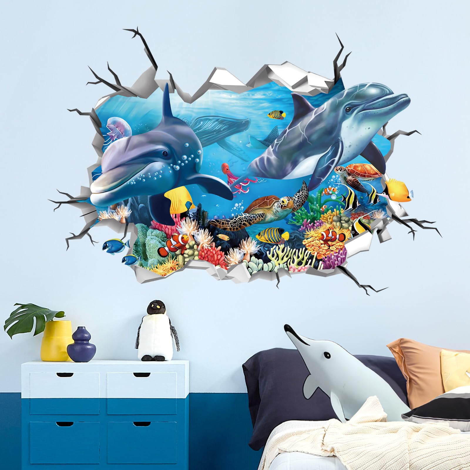 Decalmile 3D Under The Sea Dolphin Fish Wall Decals Ocean Turtle Seaweed Broken Wall Stickers Boys Bedroom Living Room Bathroom