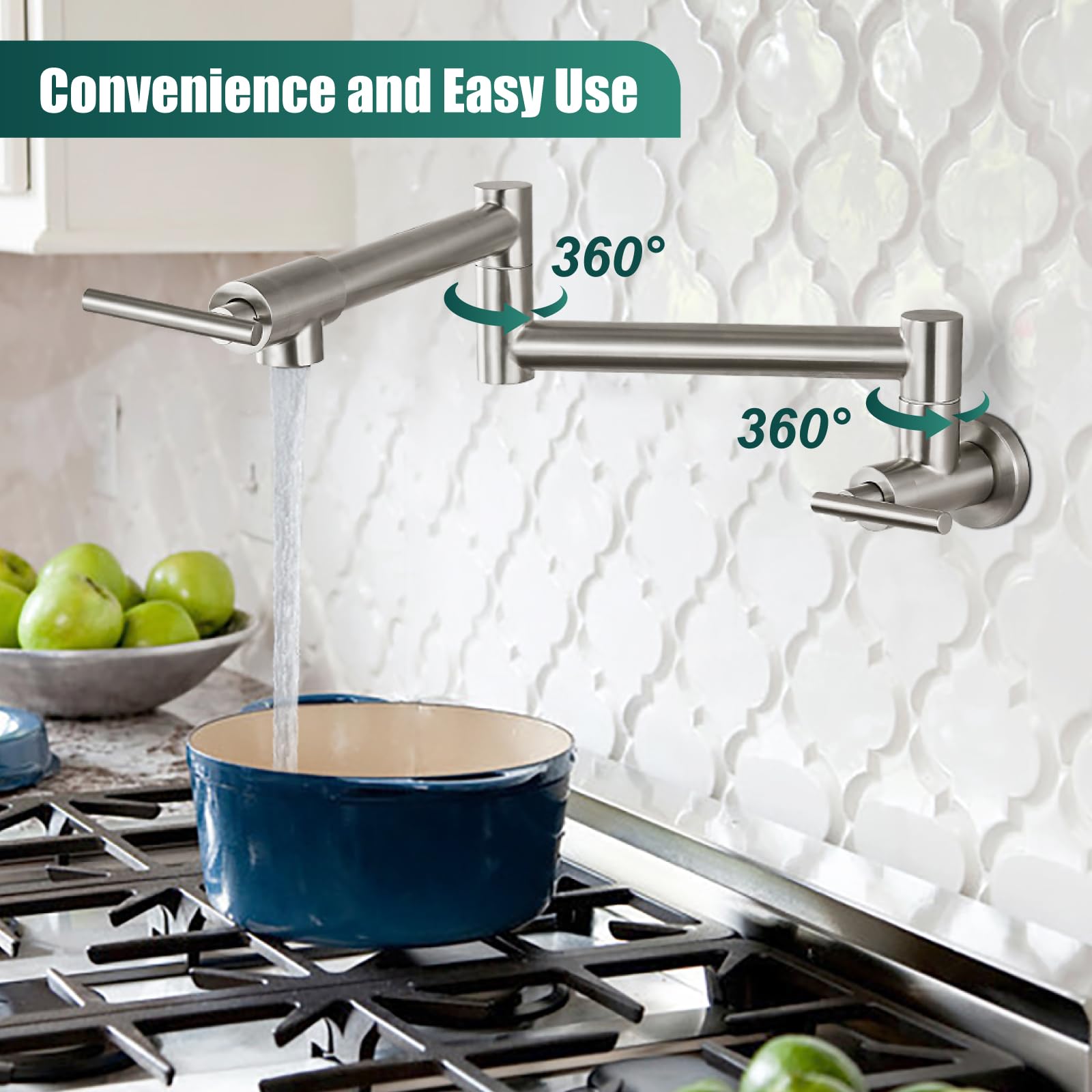 Heyalan Pot Filler Faucet Wall Mounted Stainless Steel 19 Inch 304 Brushed Nickel Double Joint Swing Folding Arms with Two Handles Single Hole Commercial Kitchen Faucet Control Water