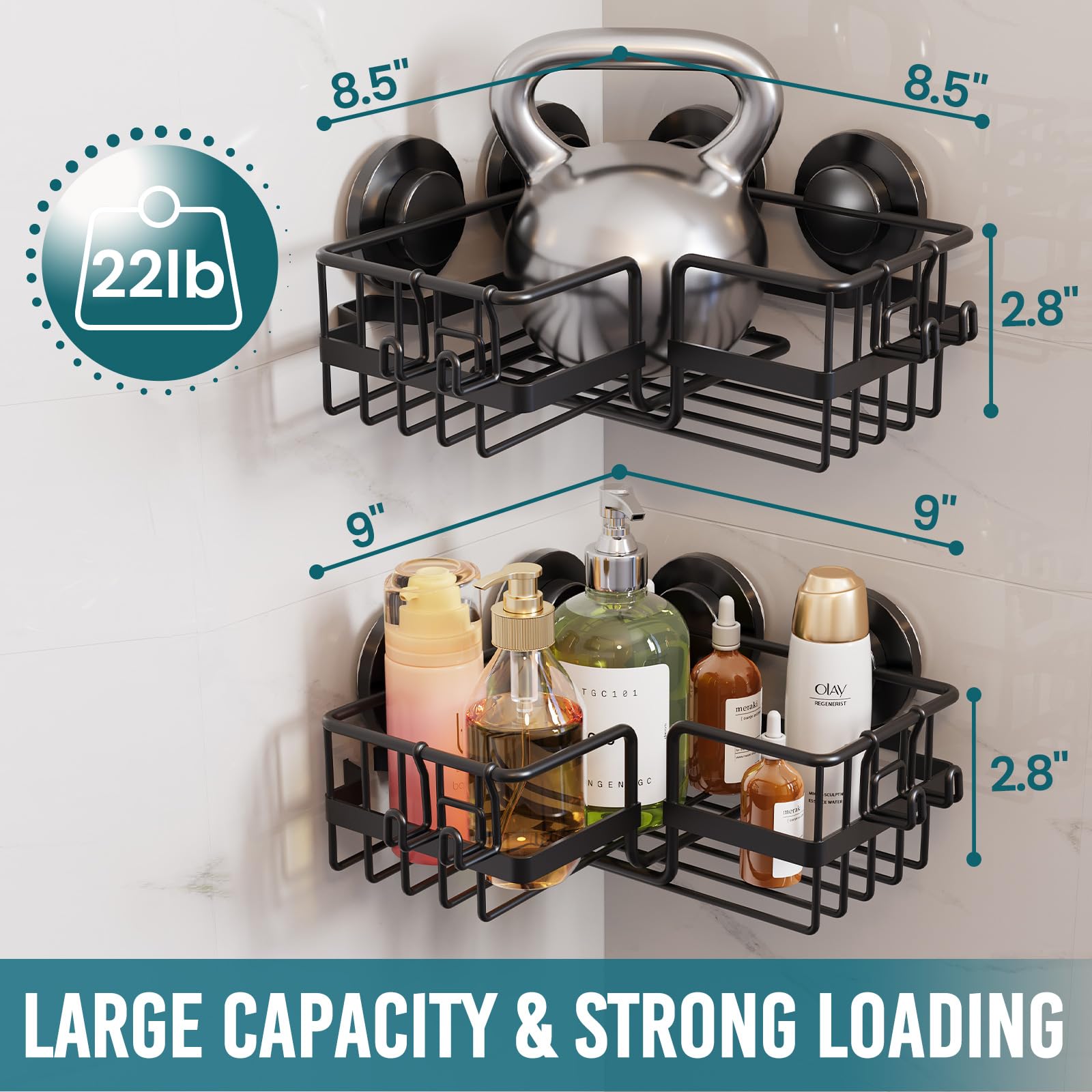 Taili Corner-Adaptive Suction Cup Shower Caddy 2 Pack, Stainless Steel Rustproof Corner Shower Shelves, Drill-Free Wall Mounted