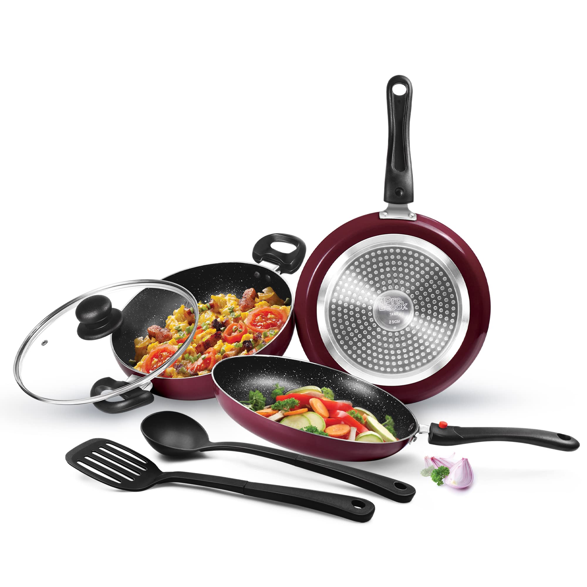 Milton Pro Cook Kitchen Jewel Set Of 5, Peach (Fry Pan 24 Cm/1.6 Litres; Kadhai 24 Cm/2.5 Litres With Glass Lid; Tawa 25 Cm) | I