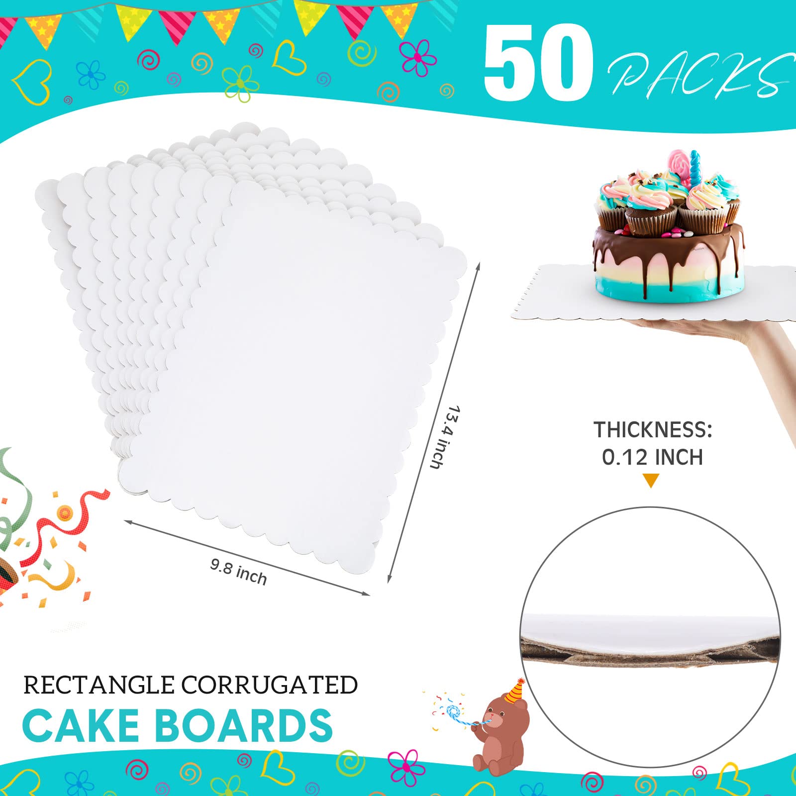 50 Pcs Rectangle Cake Board Disposable Cardboard Cake Bases Grease Proof Cake Plate Scalloped Edge Corrugated White Cakeboards D