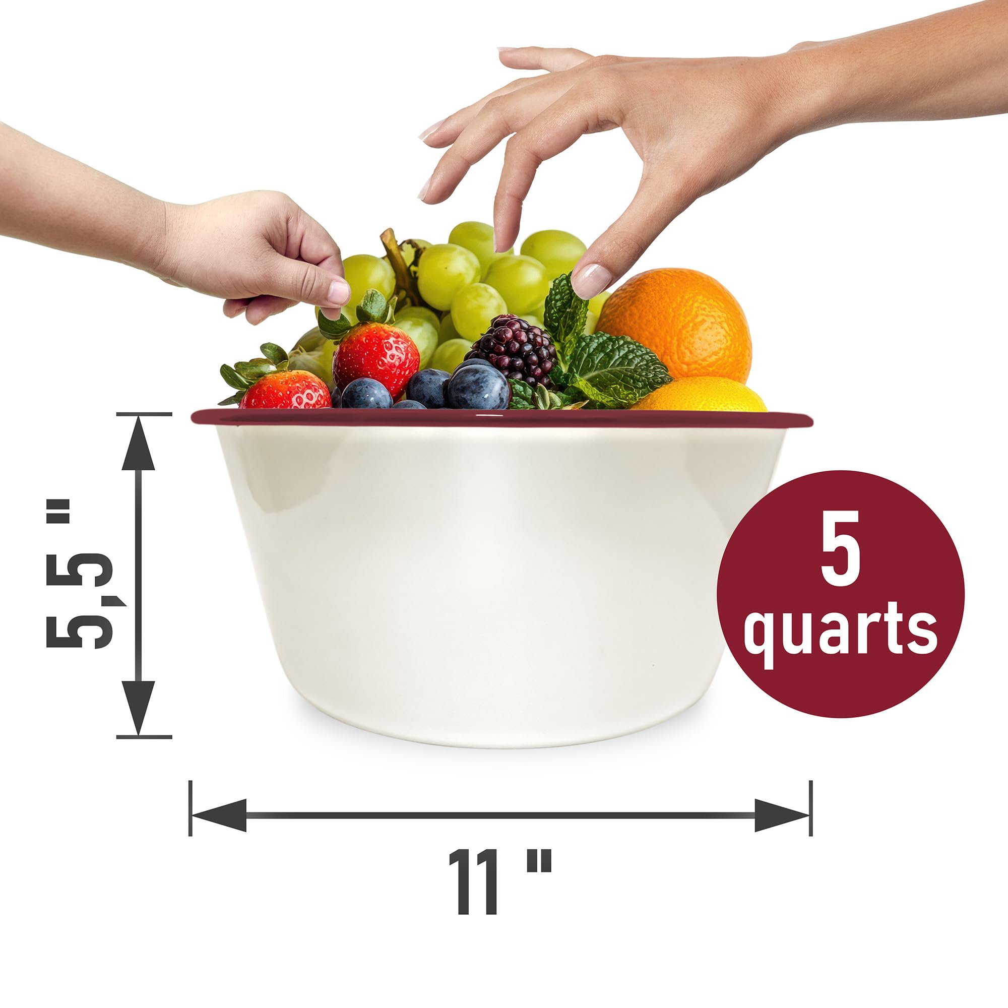 Large Mixing Bowl for Kitchen - Essential White Steel Dish with Red Trim for Salad  Batter  Cream - Great for Serving and Marinating - Dishwasher & Freezer Safe