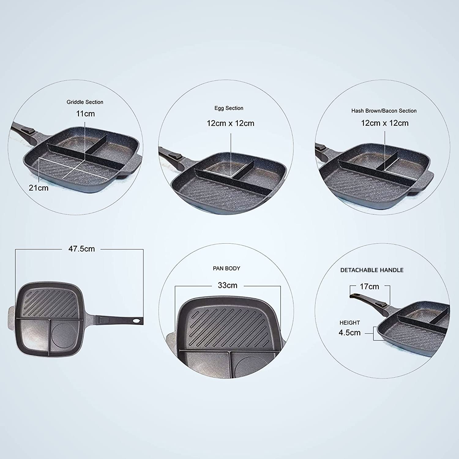 Jean-Patrique Divided Stove Top Grill Pan - 3 Section Breakfast Pan With Divider - Divided Frying Pan With Multi Sections - Grid
