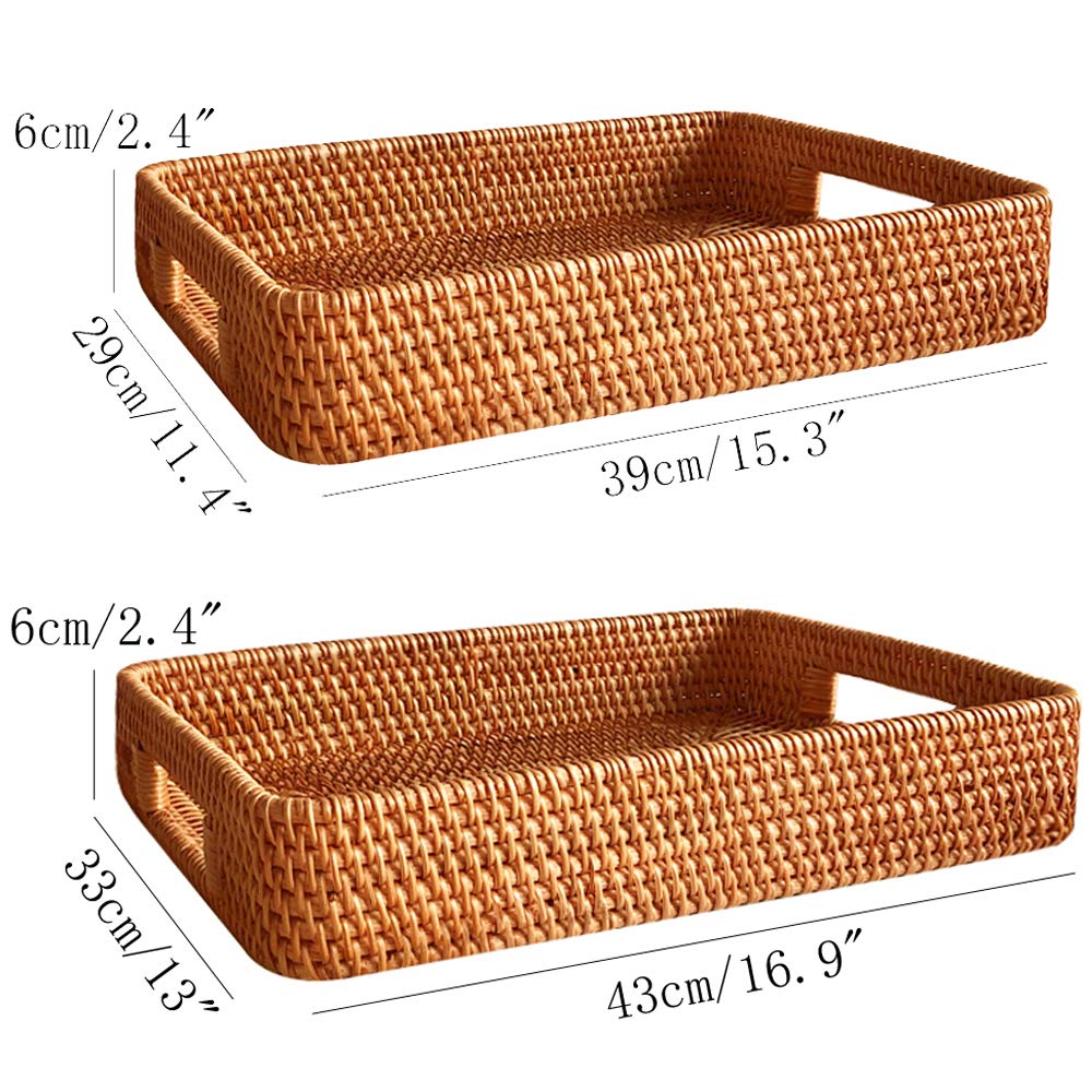 I-Lan 2 Pack Oversize Deep Natural Wicker Serving Tray With Handles And 2.3    Wall, 16 Inch Rectangular Rattan Office Tray, Dec