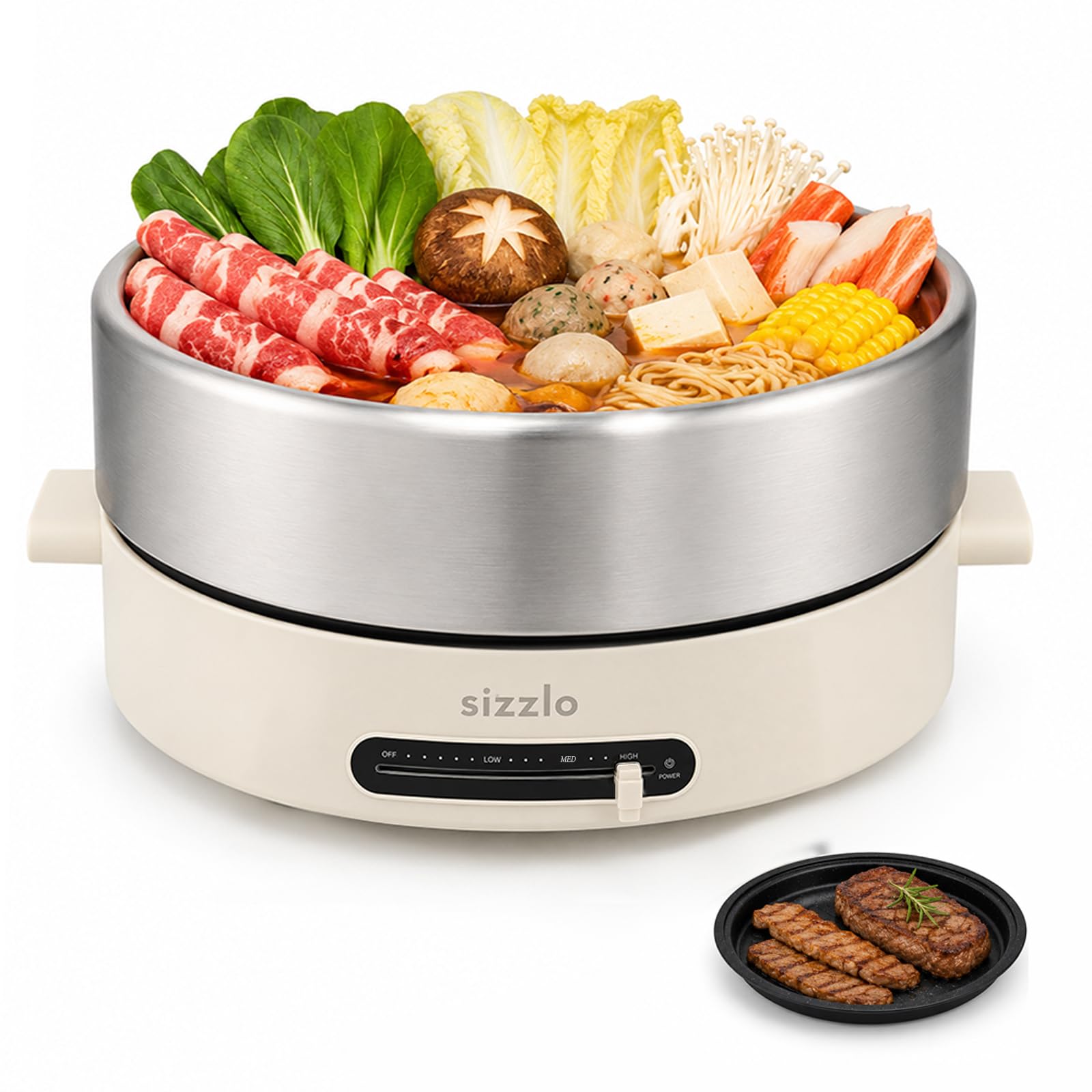 Sizzlo Electric Hot Pot, 4.5L 304 Stainless Steel Pot with Grill Pan