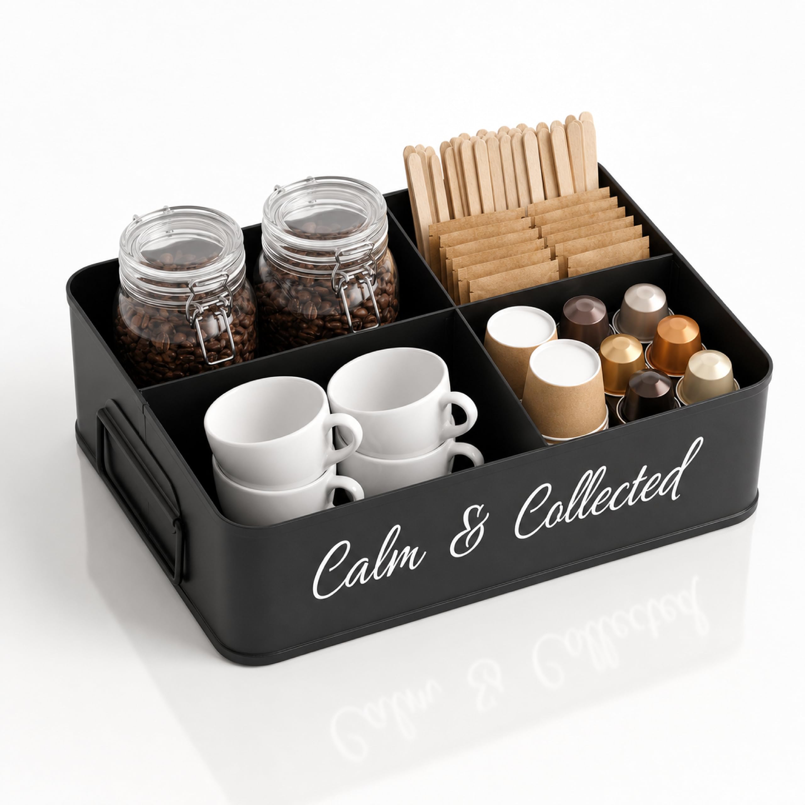 MUNEK Coffee Station Organizer,1 Pack Black Cup and Condiment Station, Metal Coffee Pods Holder Storage Basket, Countertop Organ