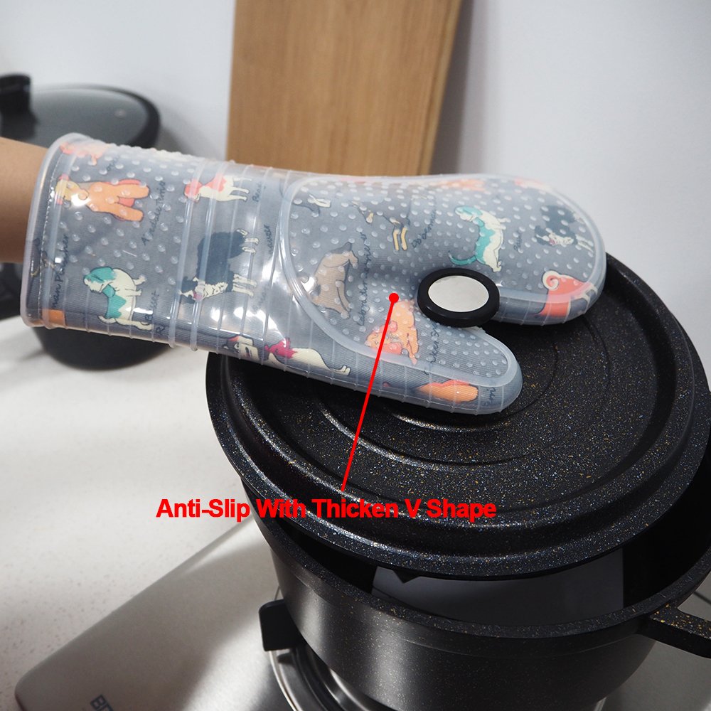 Oven Mitts Set Of 2 With Transparent Clear Silicone Shell And Nice Dog Printing Cotton Lining, Heat Resistant To 500 F Kitchen O