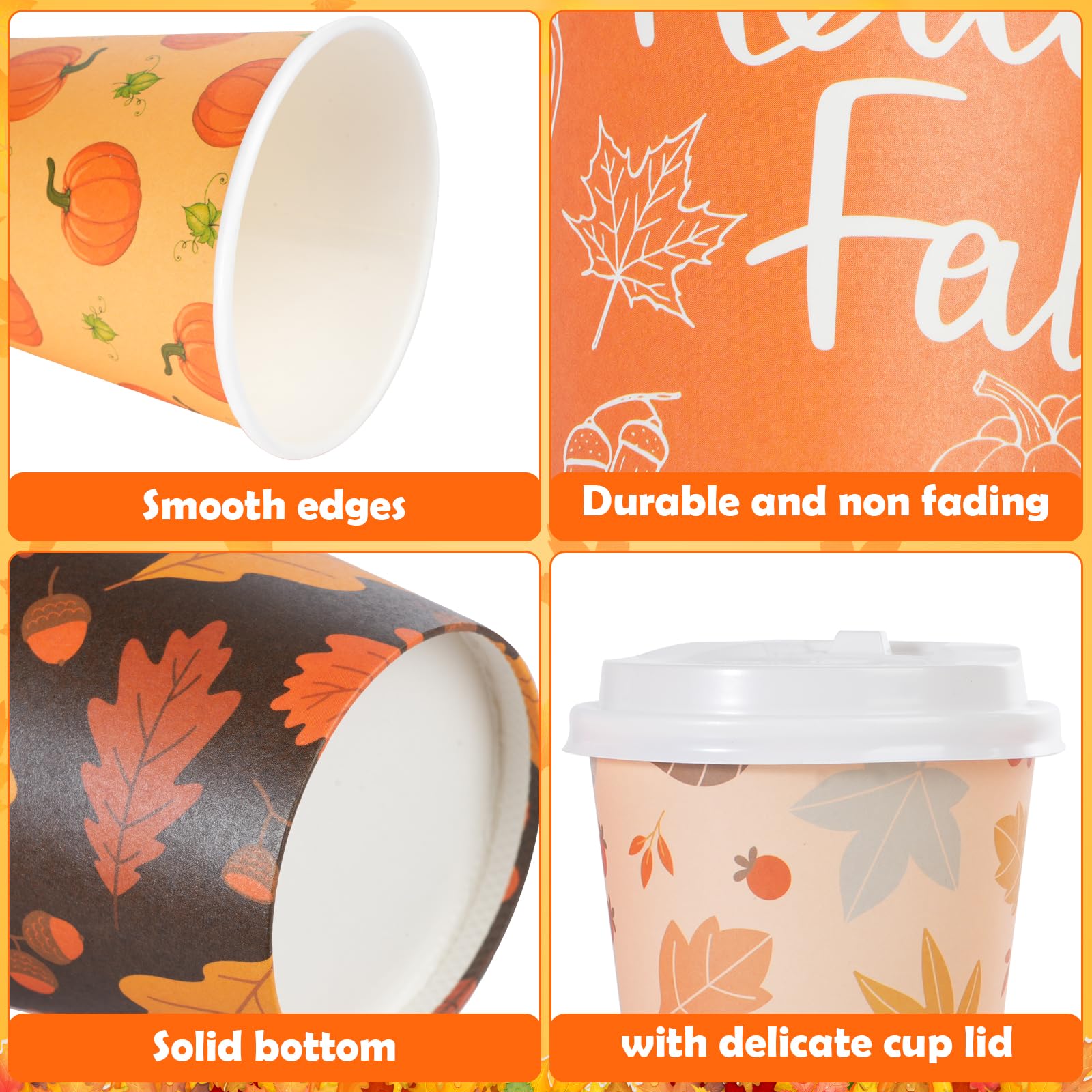 100Pcs 12Oz Fall Disposable Coffee Cups with Lids, Disposable Thanksgiving Cups for Hot Cold Coffee Maple Leaves Pumpkin Paper D