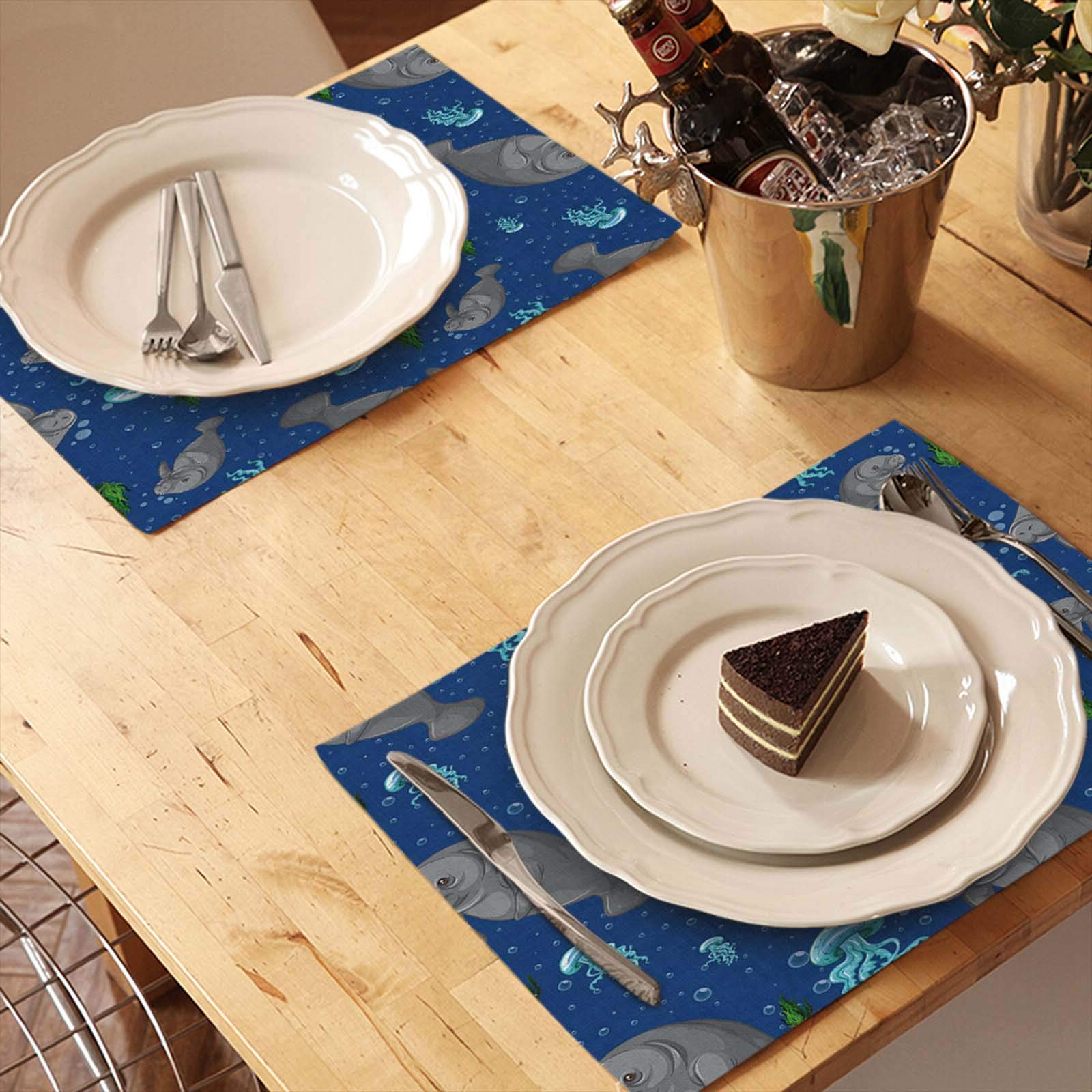 Hosnye Manatee Placemats For Kitchen Dining Table Set Of 4 Seamless Background With Tropical Sea Wildlife Manatee Underwater Lin