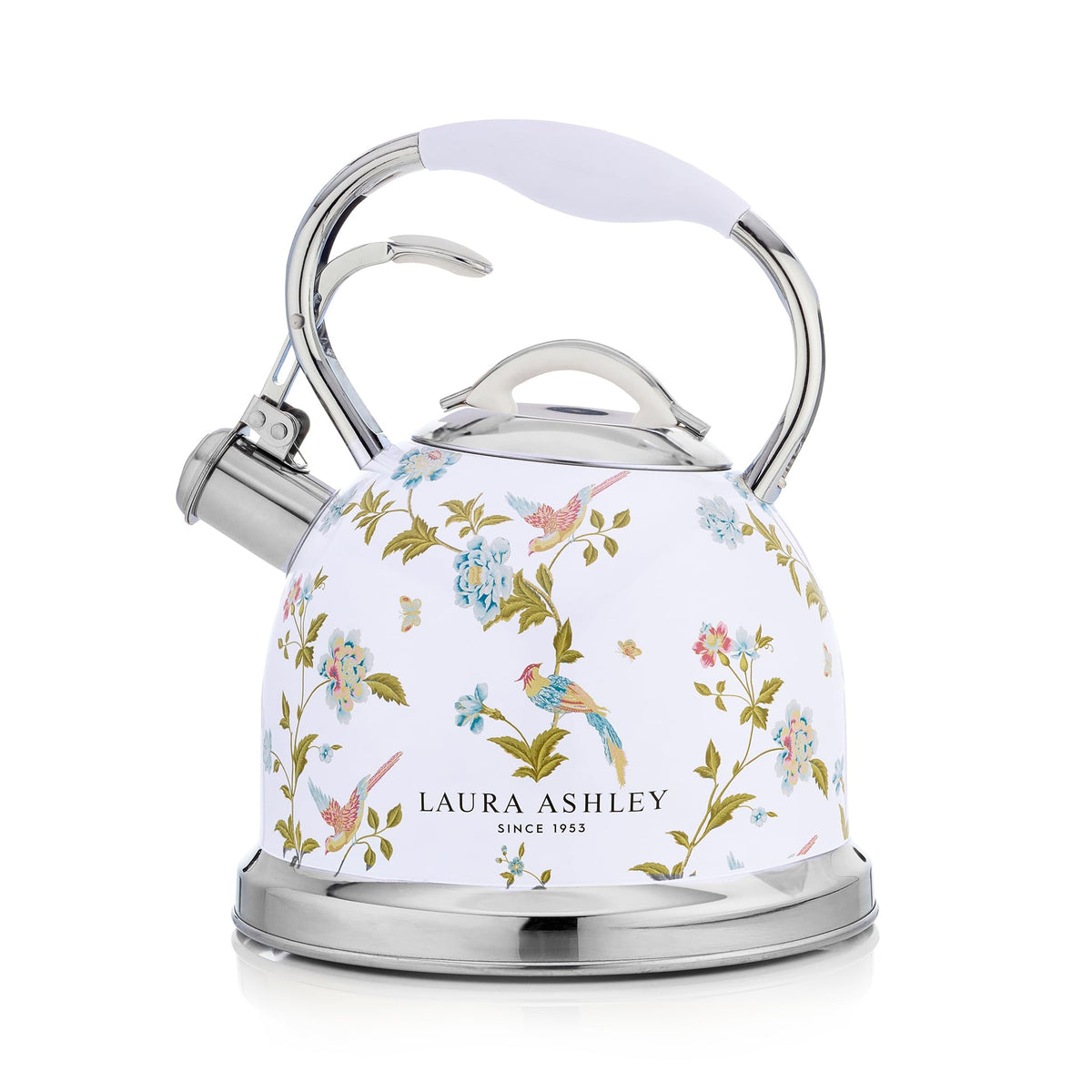 Vq Laura Ashley Elveden White 3L Stainless Steel Tea Kettle Stovetop Whistling Teapot For Induction, Gas Hob Or Others. Silicon