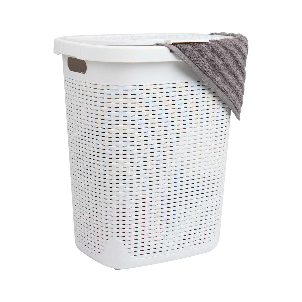 Mind Reader 50L Slim Laundry Hamper, Clothes Basket, Lid, Wicker Design, Plastic, 17.65''L X 13.75''W X 21''H, White