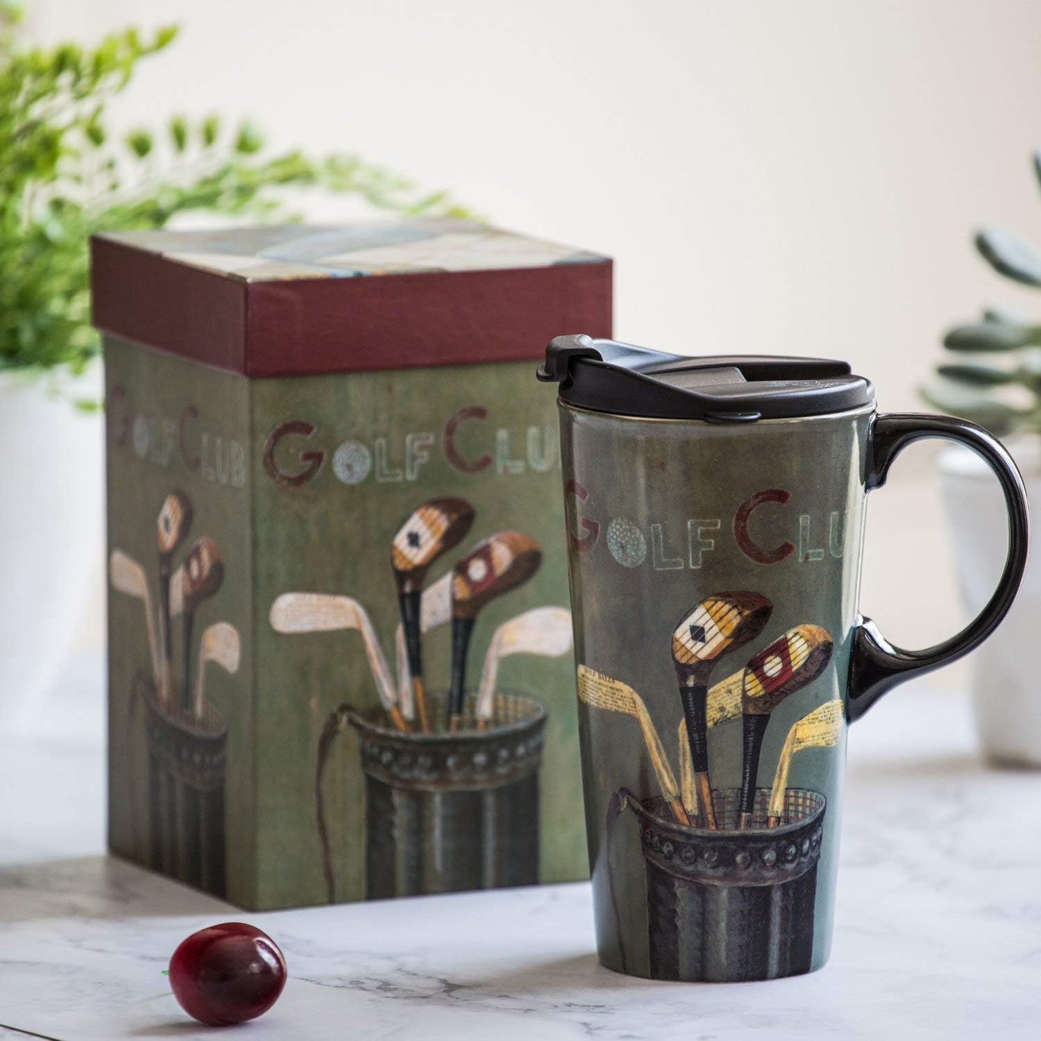 Topadorn Coffee Ceramic Mug Porcelain Latte Tea Cup With Lid 17Oz,Golf