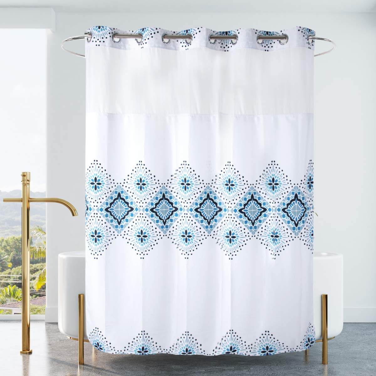 Ecoehoe Long 71X79 Hotel Grade Fabric Hook Free Shower Curtain With Polyester Replacement Liner White&Blue Boho Style - Machine