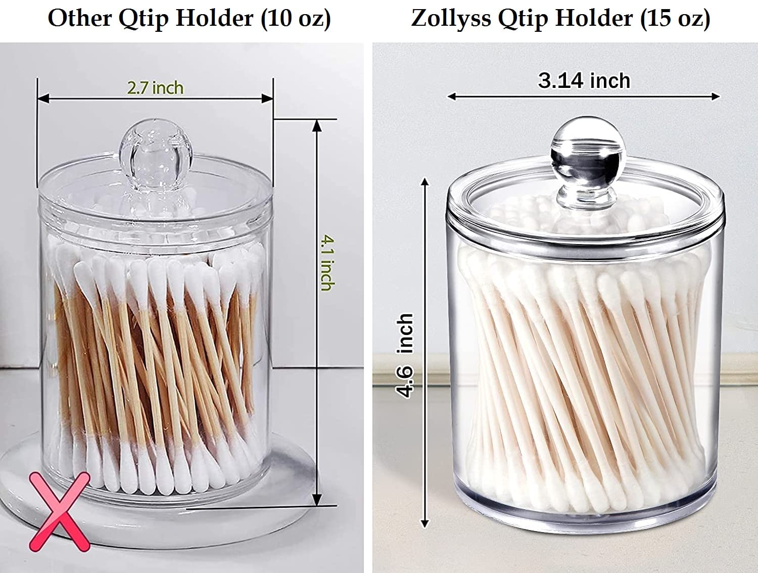 Zollyss 4 Pack Qtip Holder Dispenser for Cotton Ball Cotton Swab Cotton Round Pads, Floss - 15 oz Clear Plastic Apothecary Jar S