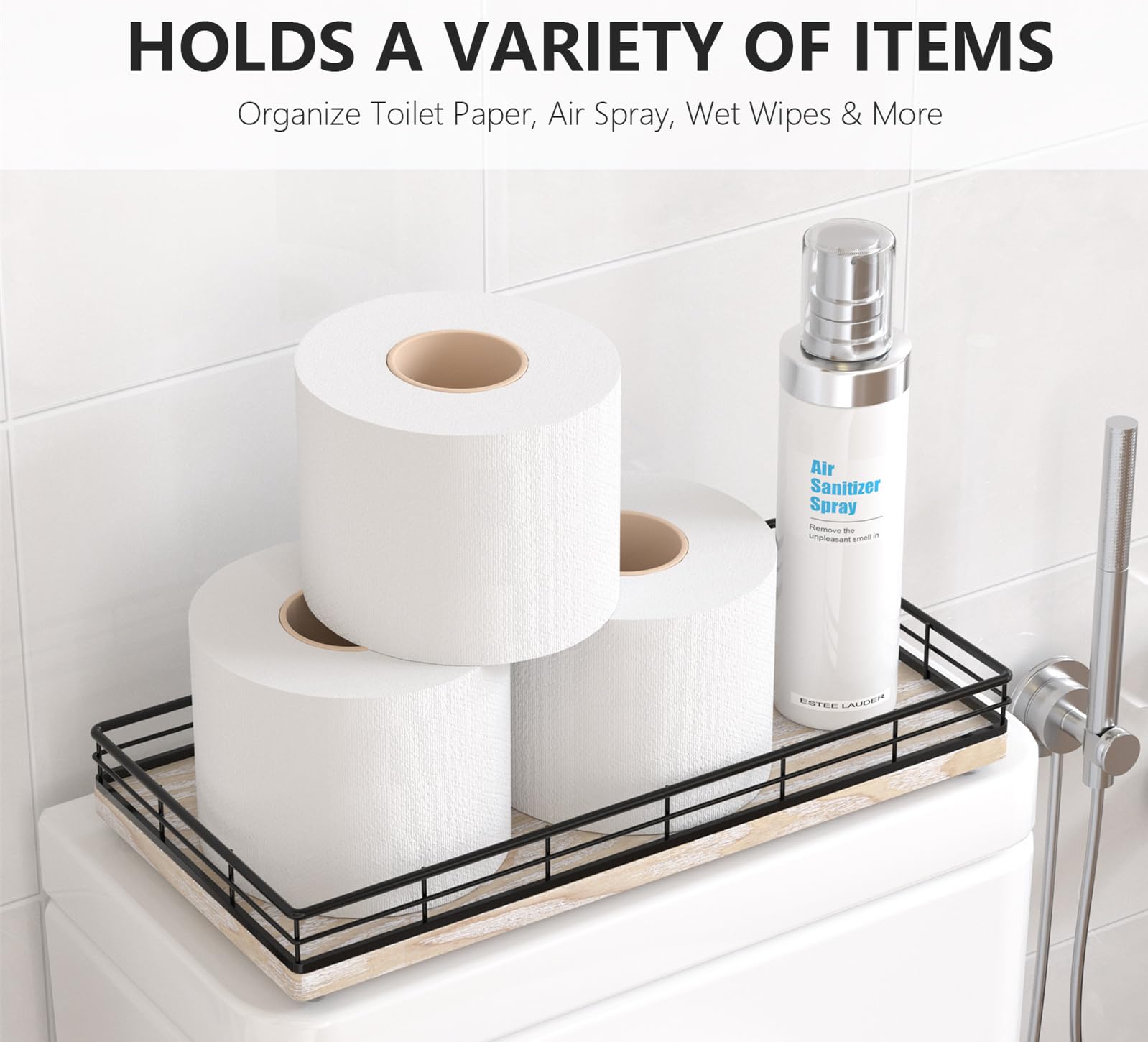 Toilet Paper Basket Organizer - Ash Wood Toilet Tank Tray with Metal Frame, Back of Tank or Top Bathroom Counter Storage - Black
