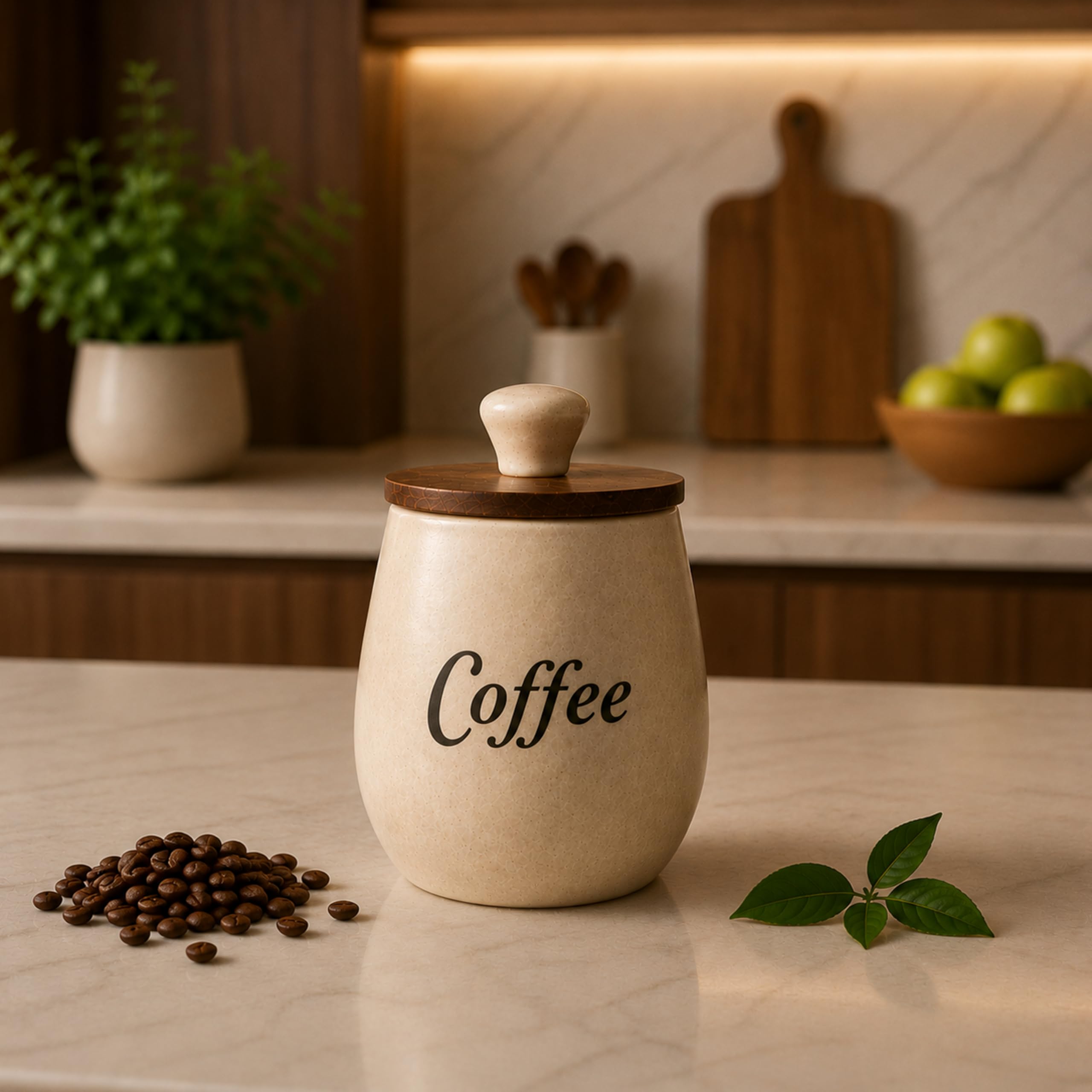 Craftshila Ceramic Coffee Container With Wooden Lid | Jar & Container For Kitchen Storage Set | Multi Utility Air Tight Kitchen 