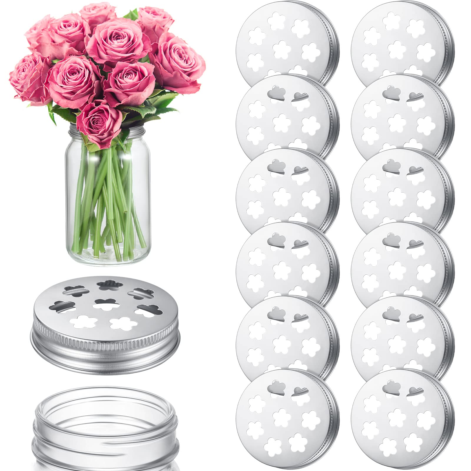 12 Pcs Mason Flower Jar Holder Lid Metal Flower Lid Insert Mason Grid Flower Organizer Lid Insert For Regular Mouth Mason Cannin