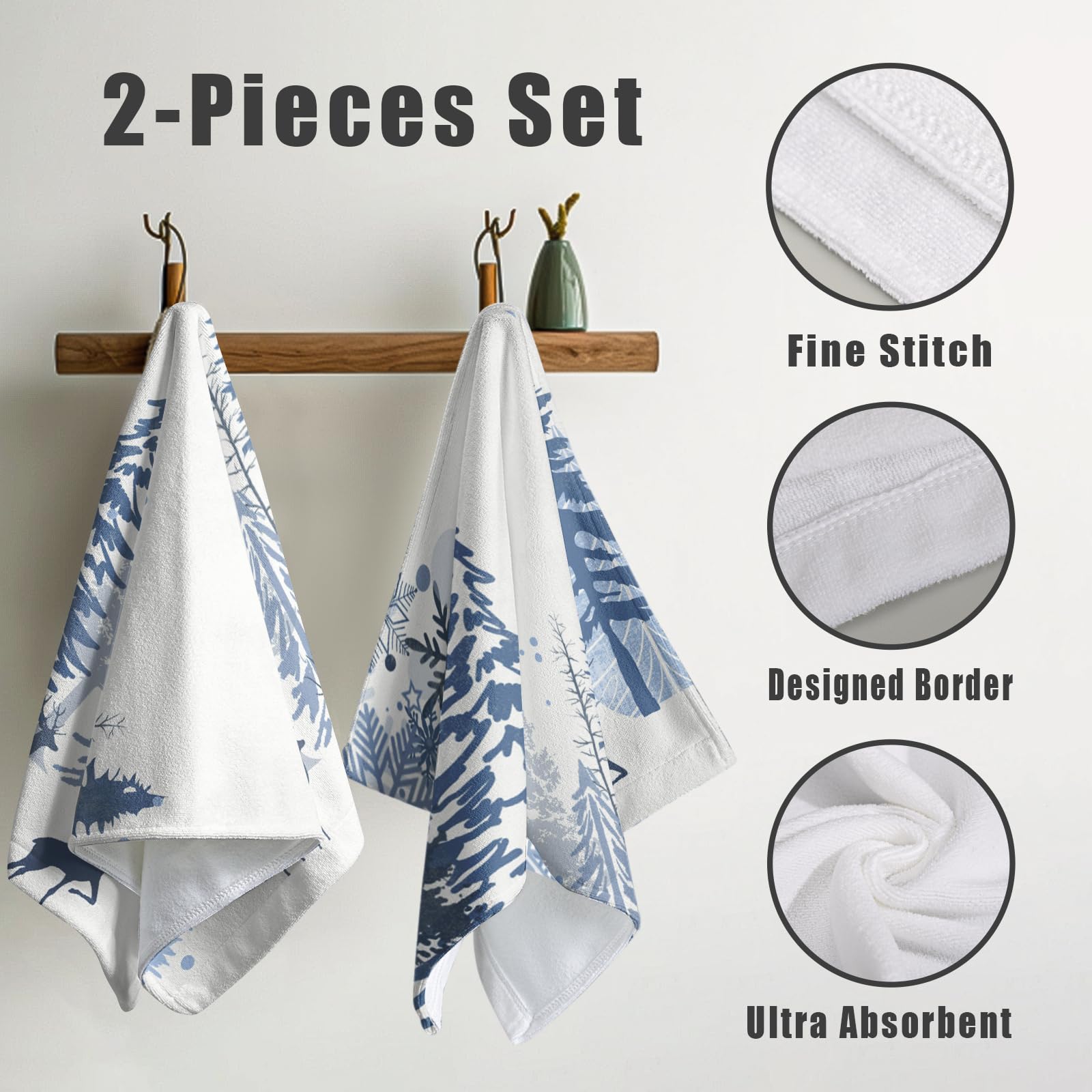 Kwlegh Winter Snowflake Christmas Tree Hand Bath Towels Deer Forest Xmas Deer Soft Washcloth Farmhouse Rustic Kitchen Guest Blue