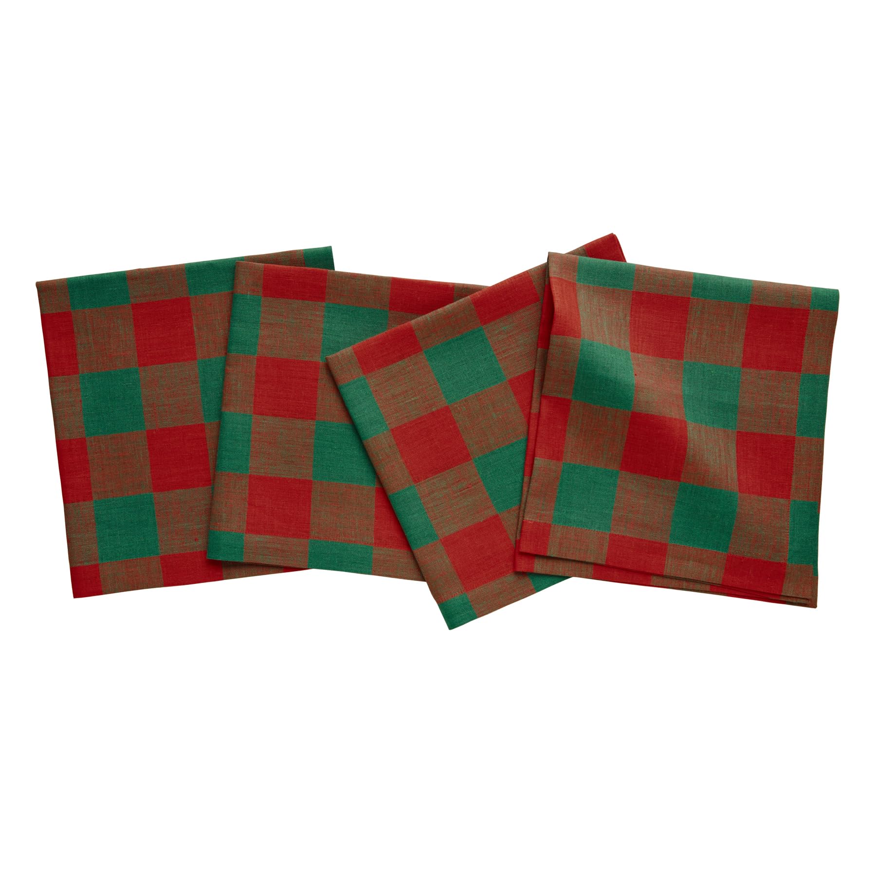 Solino Home Buffalo Check Linen Dinner Napkins 20 X 20 Inch - 100% Pure Linen Red And Green Plaid Cloth Napkins Set Of 4 - Handc