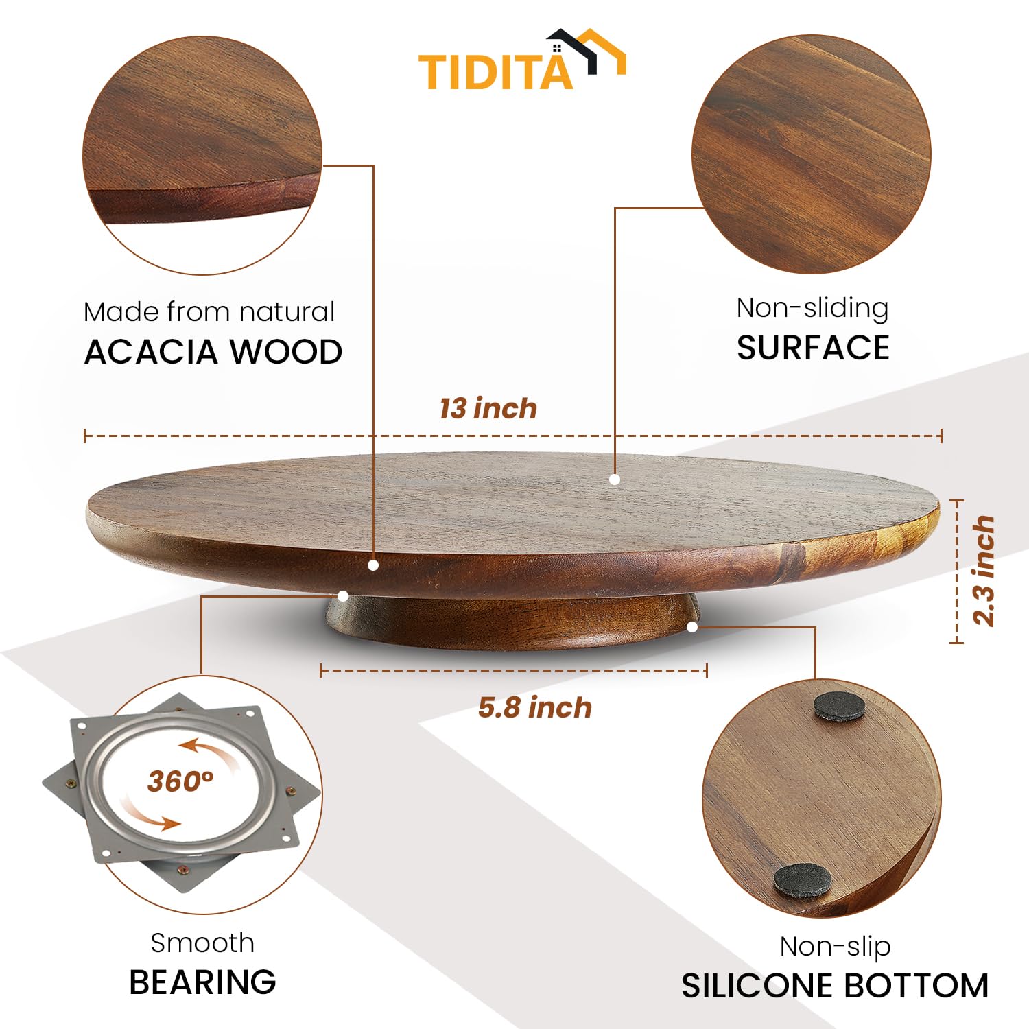 Tidita 13'' Acacia Cake Stand Rotating - Rustic Cake Stand Set Turntable With 2 Icing Spatulas, 3 Smoothers - Wooden Revolving S