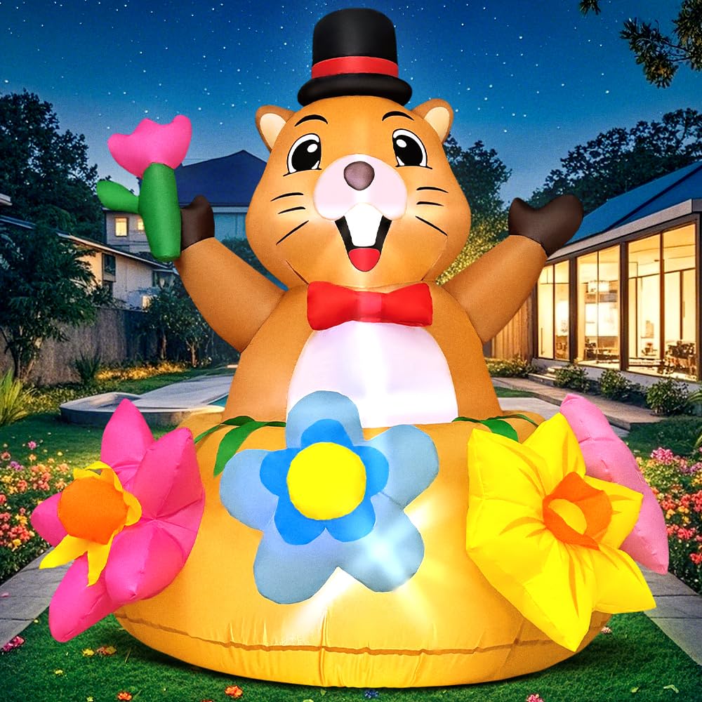 4FT Summer Inflatable Marmot Outdoor Decoration Blow up Animal Decoration, Built-in LED Lights for Spring Summer Easter Yard Gar