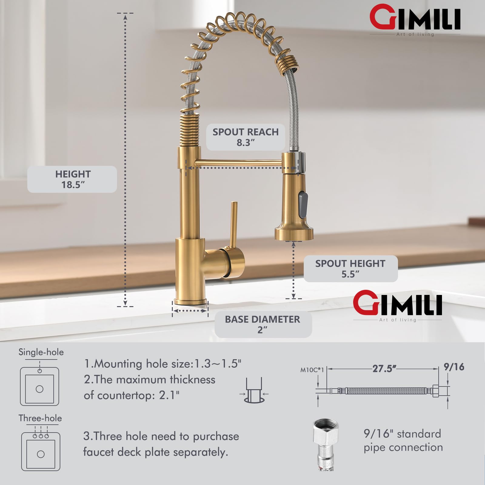 GIMILI Gold Kitchen Faucet with Sprayer Modern Single Handle High-Arc Pull Out Kitchen Sink Faucet with Pull Down Sprayer