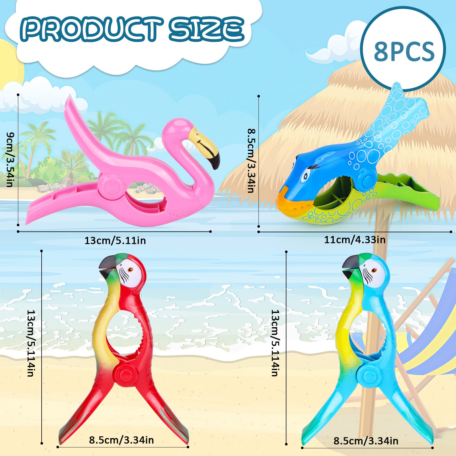 8 Pcs Beach Towel Clips Flamingo Parrot Chair Holders Portable Beach Chair Clips Cute Clothes Pins Bright Colors Jumbo Size Towe