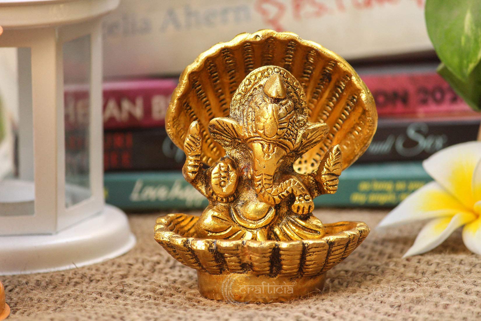 Crafticia Metal Lord Ganesh Statue Sitting In Seep Ganesha For Puja Showpiece (8 X 8 X 8.5 Cm, Golden), Gold, Medium