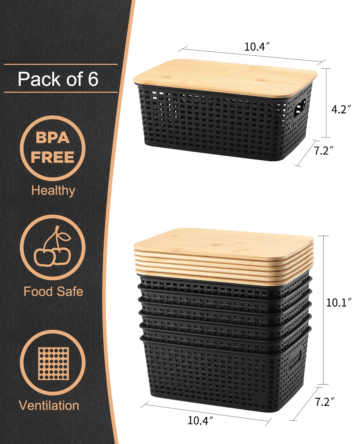 Eoenvivs Storage Bins With Lids 6 Pack, Plastic Storage Bins With Bamboo Lids For Pantry Organization And Storage Containers For