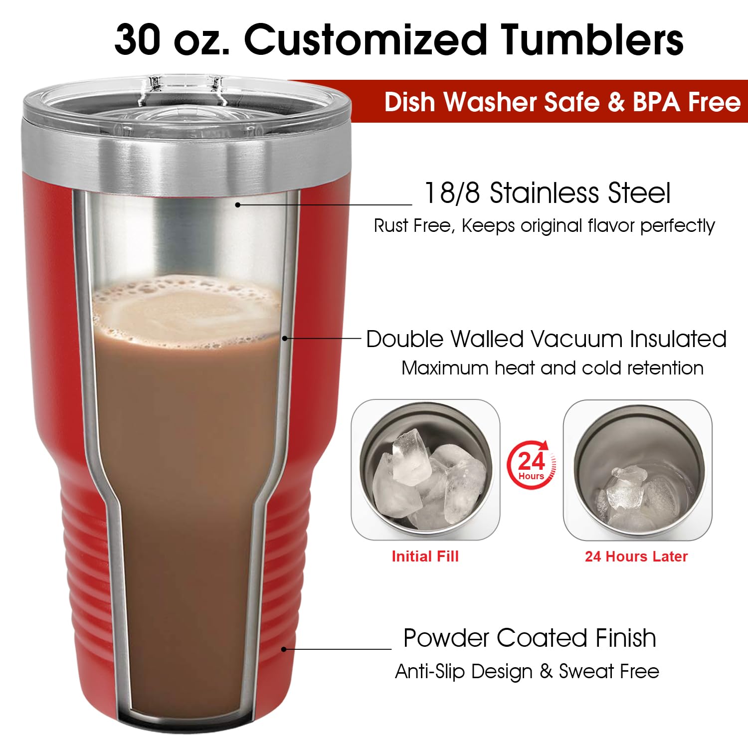 Personalized Tumbler 30oz with Lid and Straw  Your Text Engraved in USA of Valentine's Day Gift  Vacuum Insulated Coffee Mugs  Stainless Steel Double Wall Thermo  Customized Cups by iProductsUS (Red)